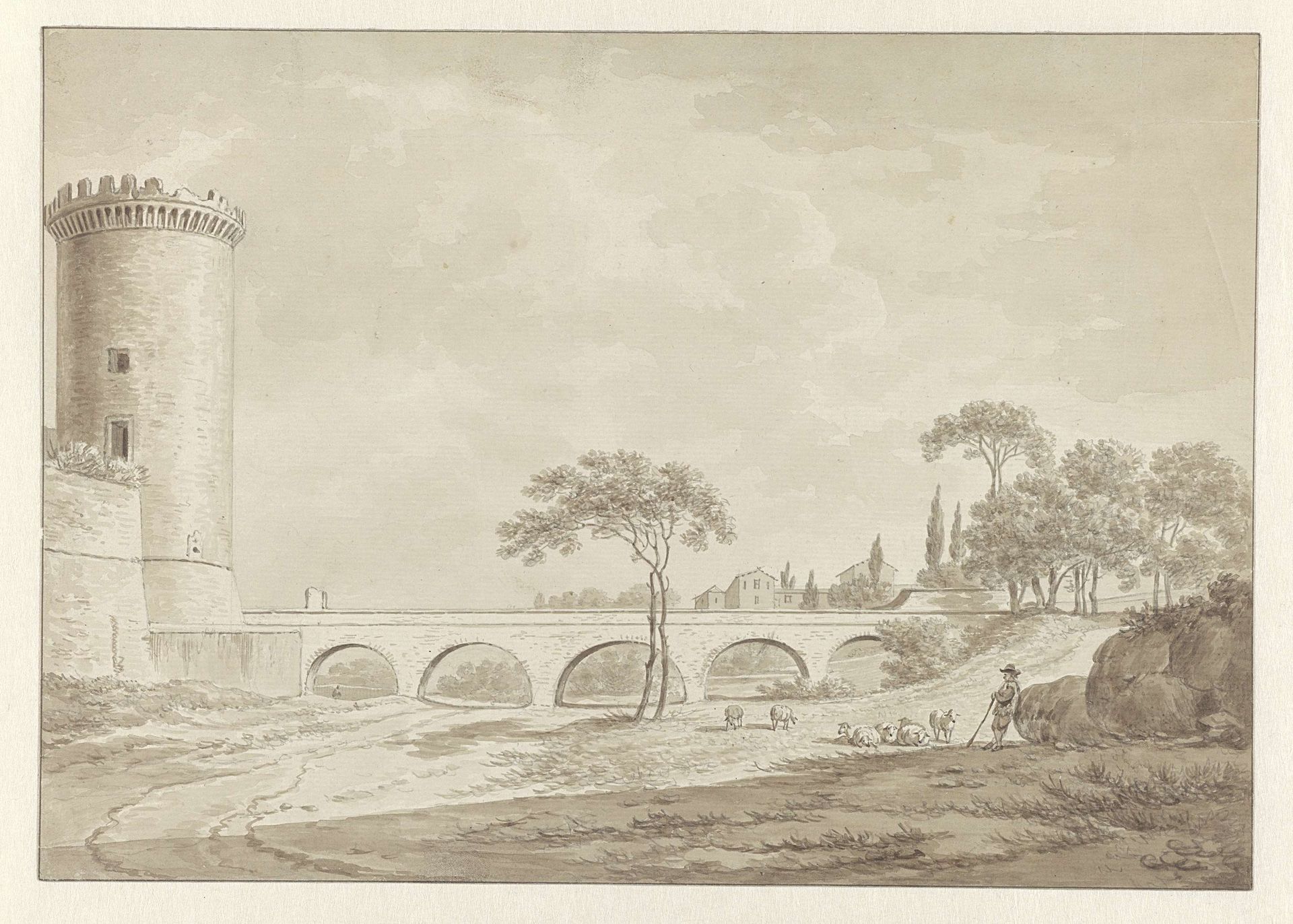 Kerk en klooster van de Capucijner monniken in Tivoli; op de voorgrond een brug en een toren by Daniël Dupré