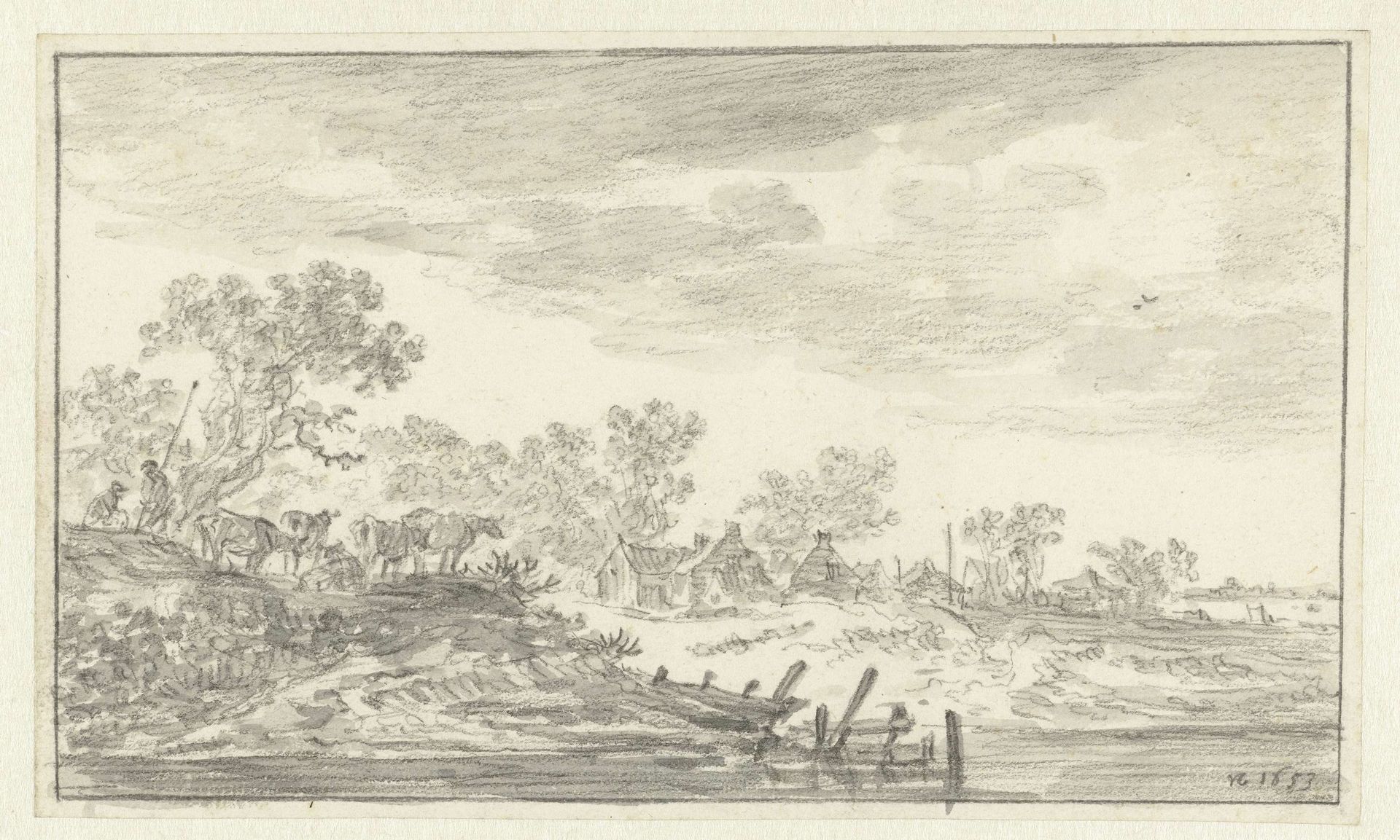 Gezicht op een oever met herders en vee by Jan van Goyen