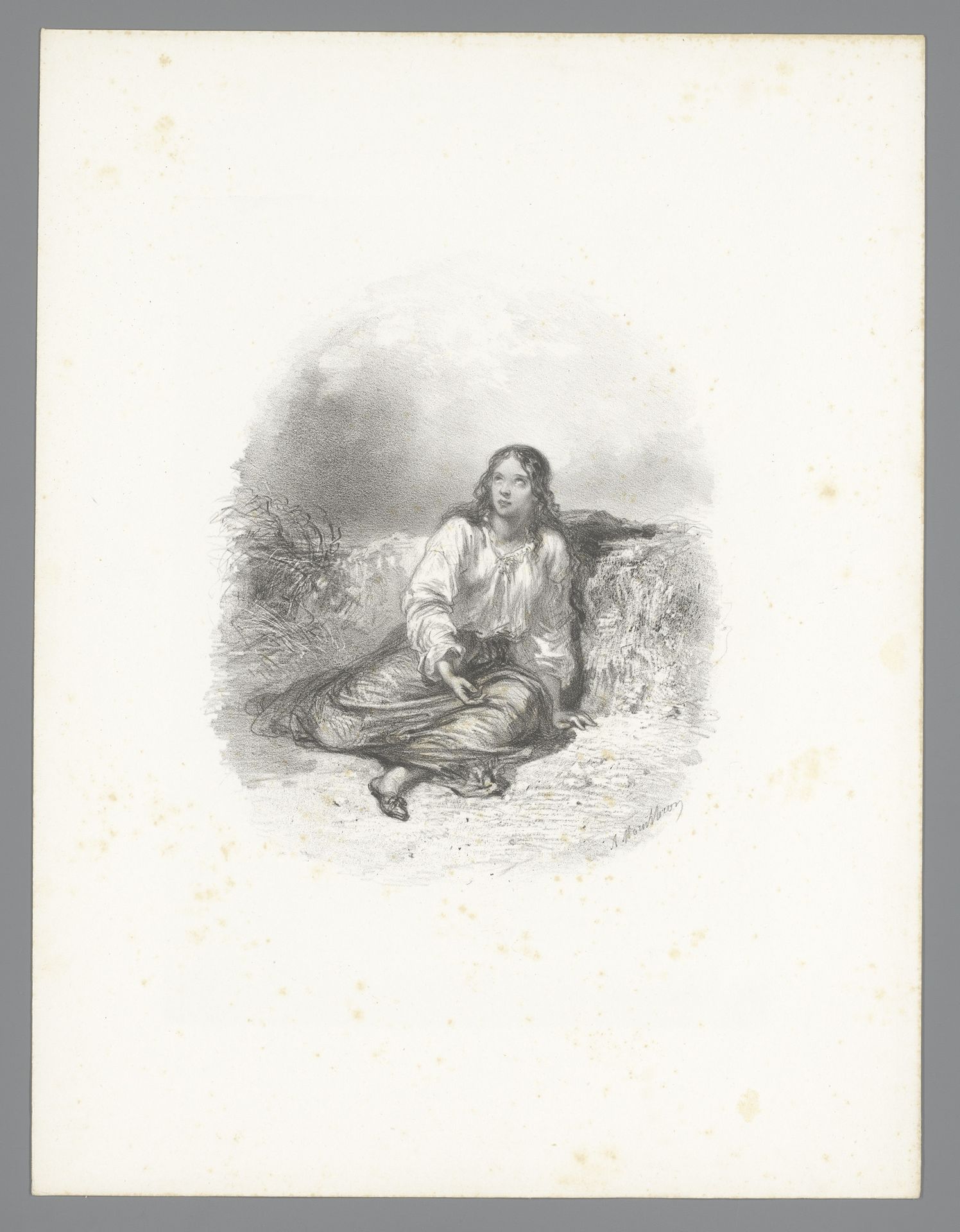 Zittende vrouw in natuur slaat de ogen op naar boven by Adolphe Mouilleron