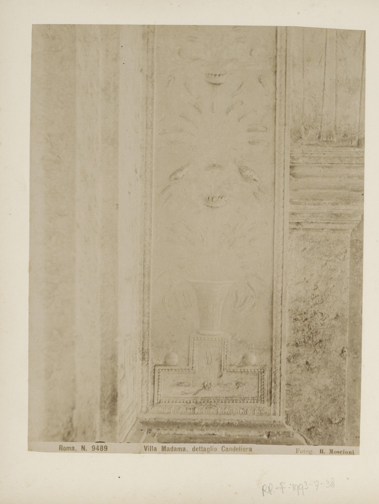 Detail van reliëf van een kandelaar in de Villa Madama te Rome by Romualdo Moscioni