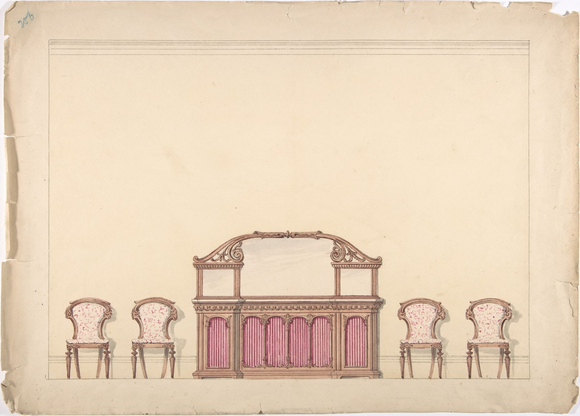 Design for a Mirrored Cabinet and Four Chairs by Anonymous