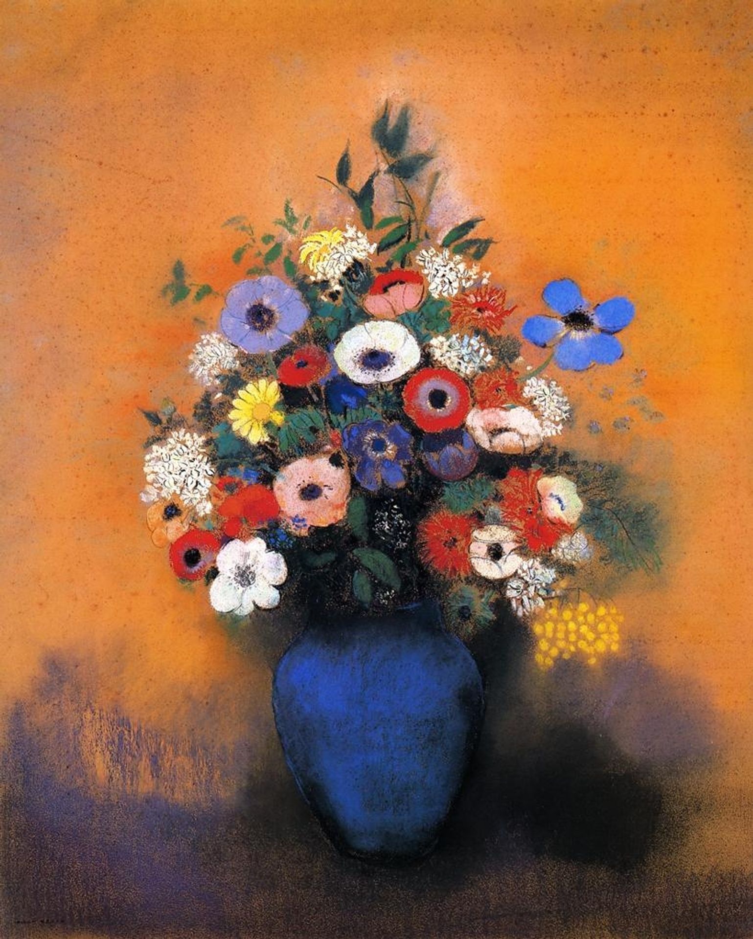 Mimosas, Anemonies and Leaves in a Blue Vase by Odilon Redon
