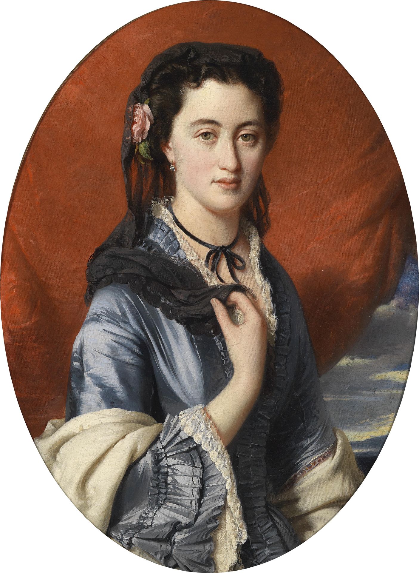 Portrait of a lady with roses in her hair, (Countess Pushkina) by Franz Xaver Winterhalter