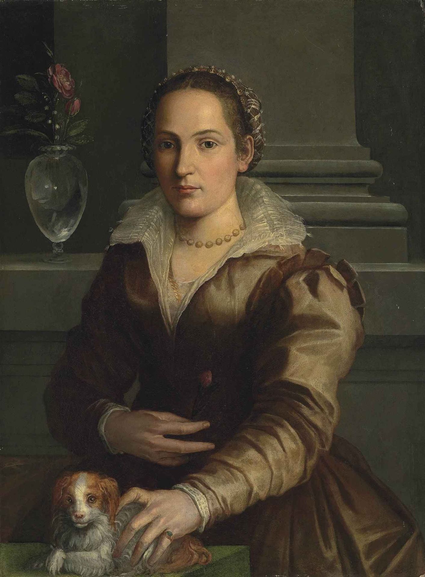 Portrait of a Lady in a Rust Dress with a Small Dog by Alessandro Allori