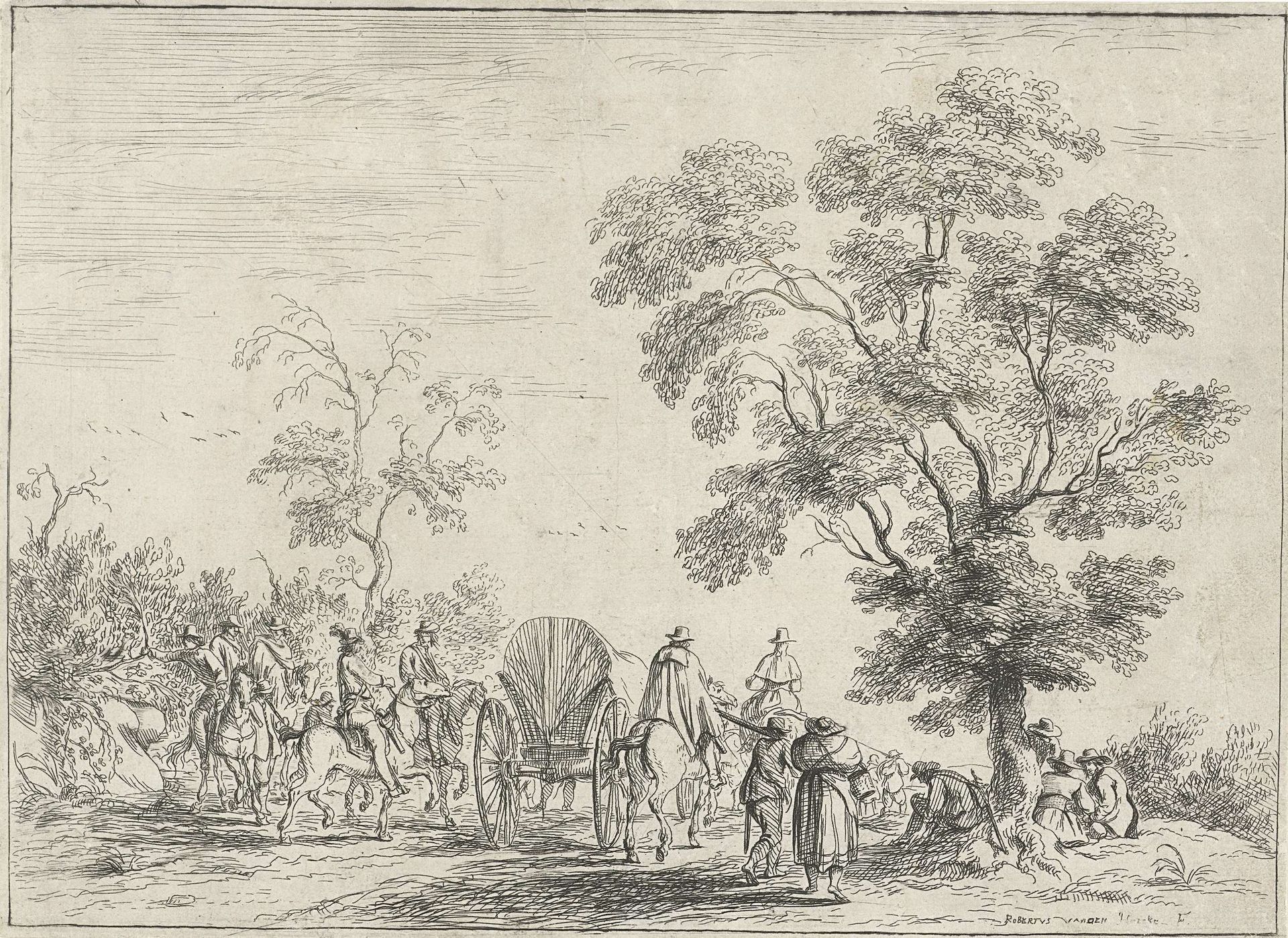 Huifkar geëscorteerd door ruiters by Robert van den Hoecke