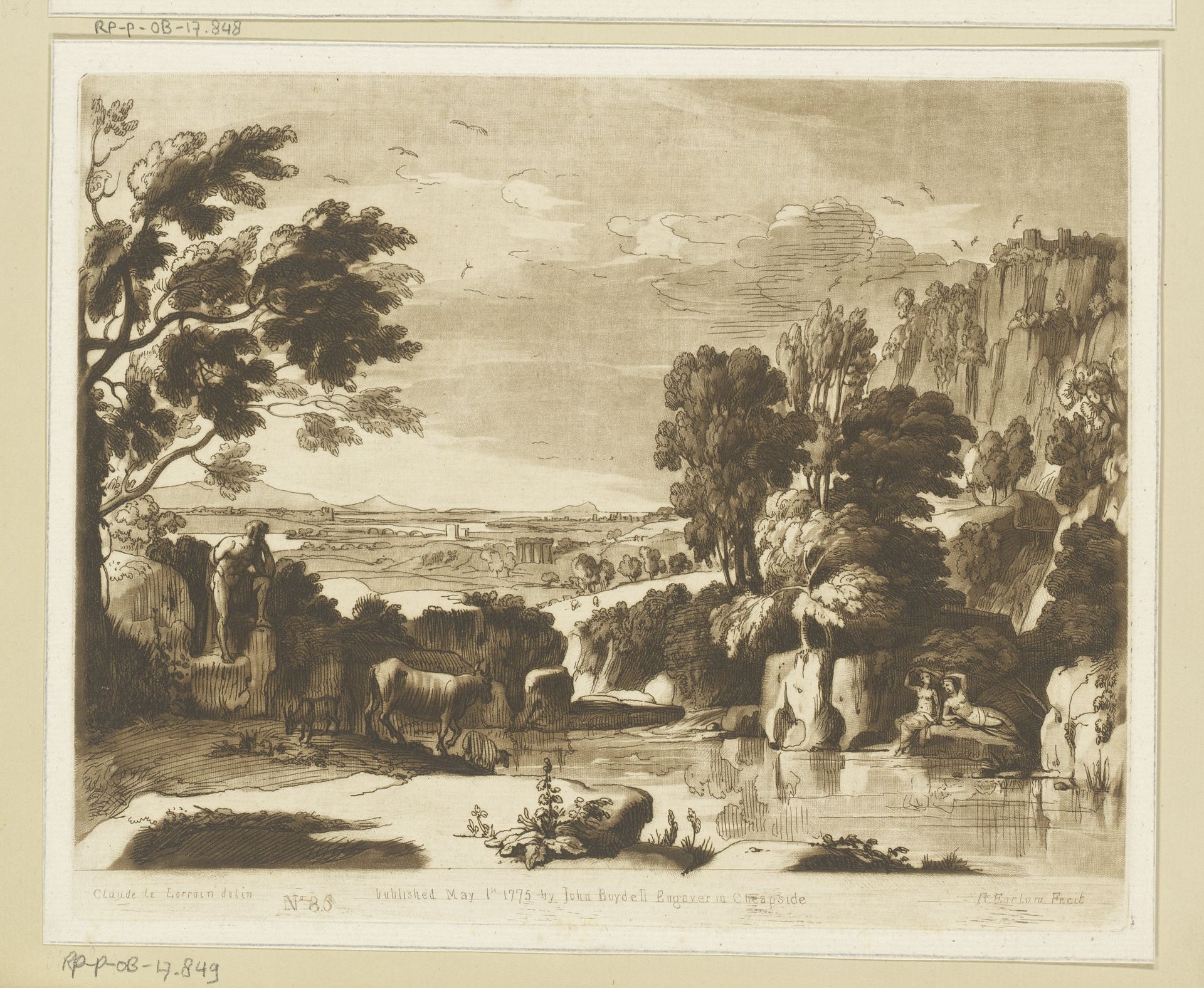 Landschap met badende figuren en kasteel op hoge klif by Richard Earlom