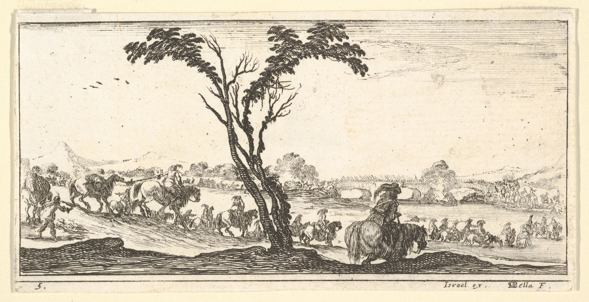 Plate 5: a procession of horsemen crossing a river, a tree at center, from  'Troops, cannons, and attacks on towns' (Dessins de quelques conduites de troupes, canons, et ataques de villes) by Stefano della Bella