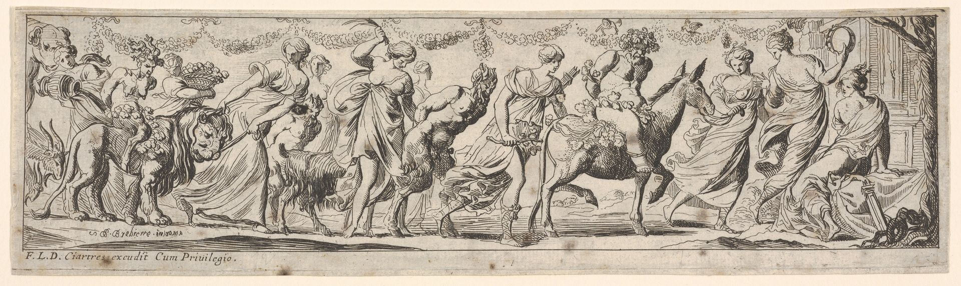Procession of draped women leading captives and animals, at left Envy rides a lion, at right Silenus rides a donkey, from a series of twelve frieze-like designs showing bacchanals, sacrifices, and dances by Pierre Brebiette