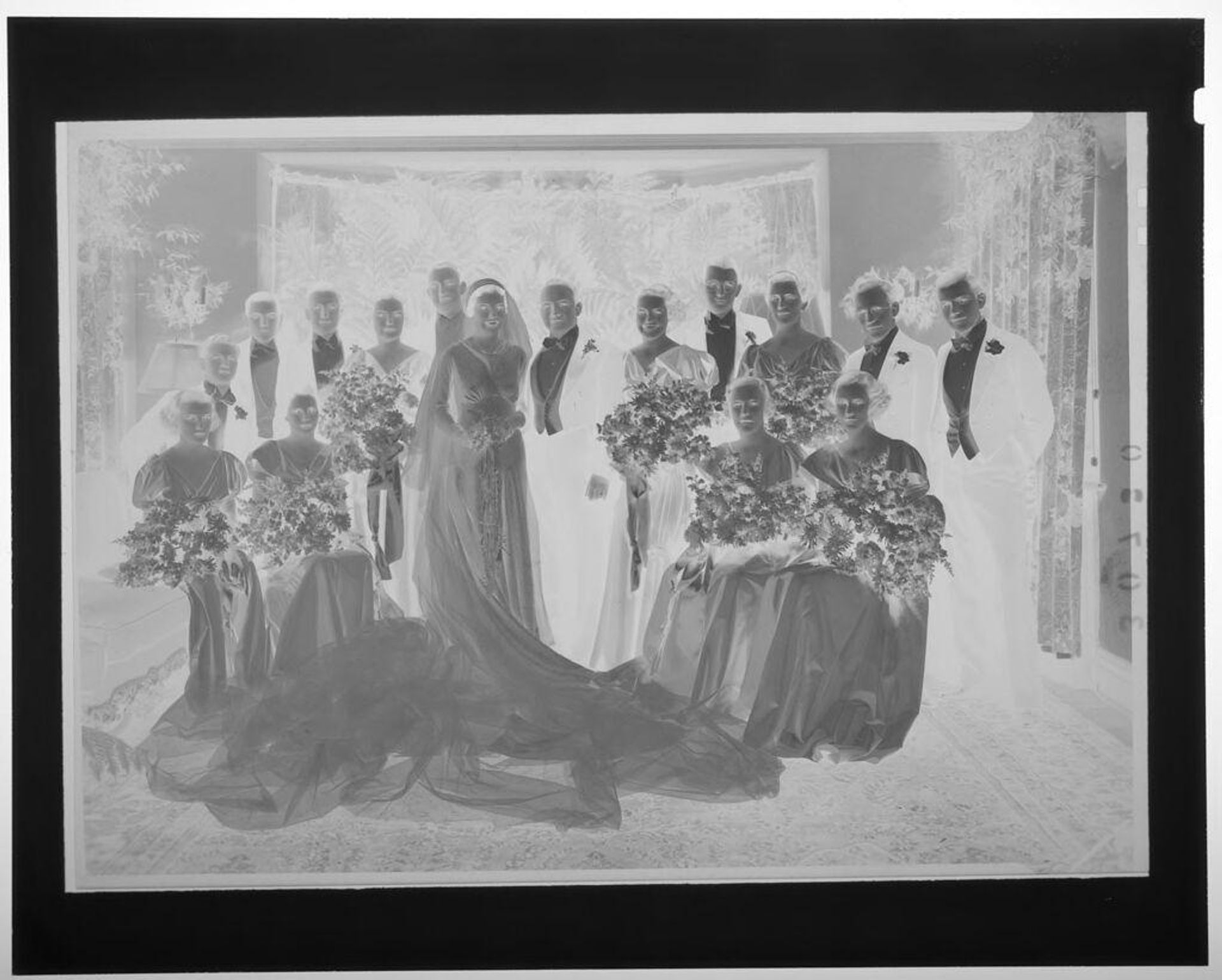 Untitled (bride and groom with large wedding party posed in carpeted room with plants) by Martin Schweig