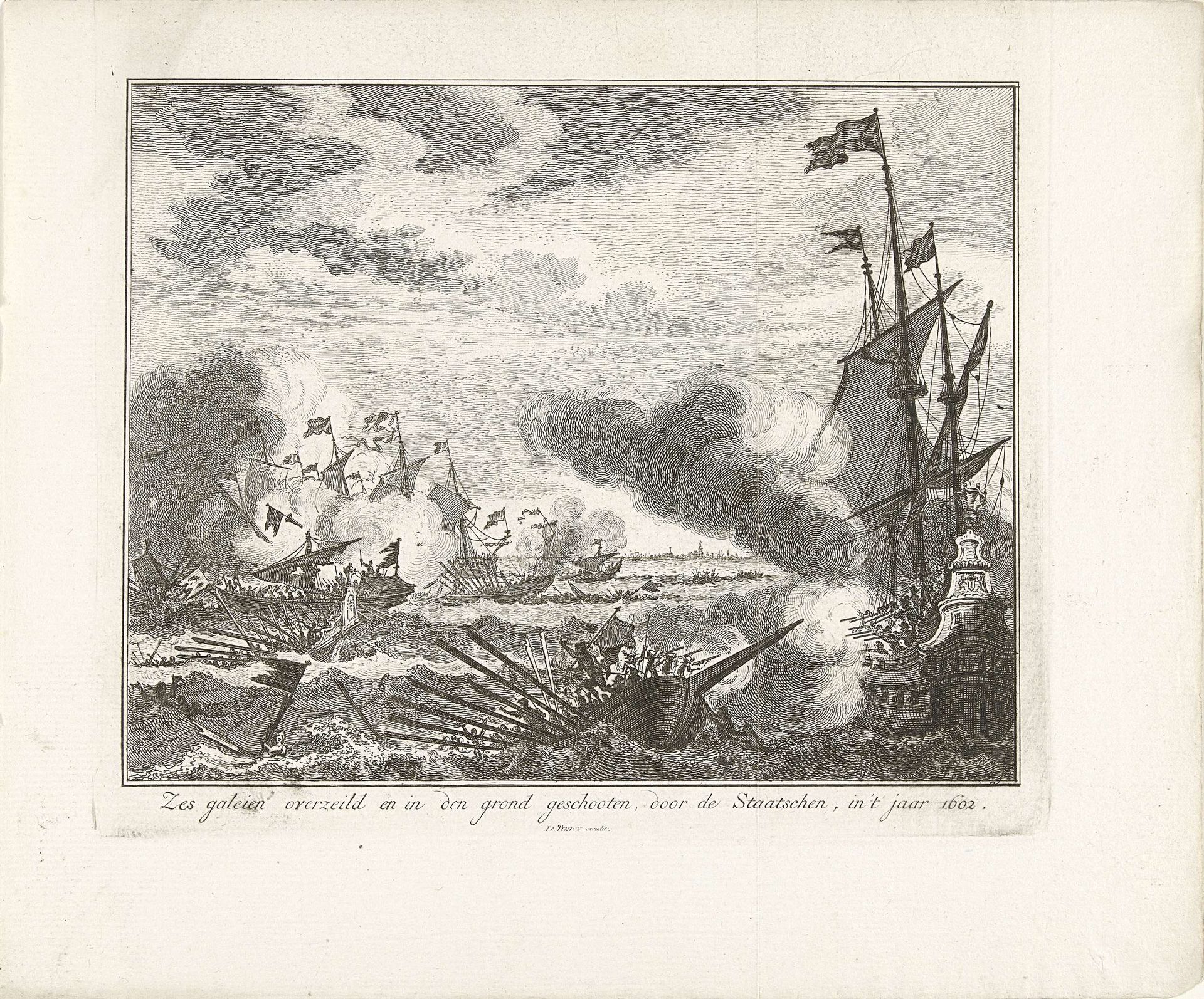 Zeeslag met de zes Spaanse galeien van Spinola, 1602 by Simon Fokke