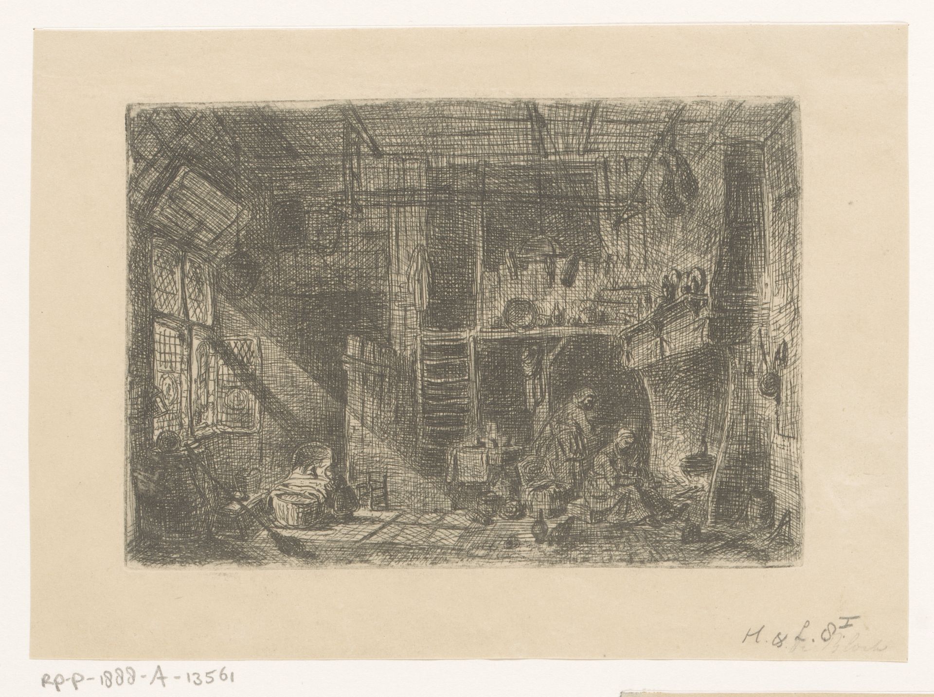Interieur met kinderen en vrouwen voor de haard by Eugène François de Block