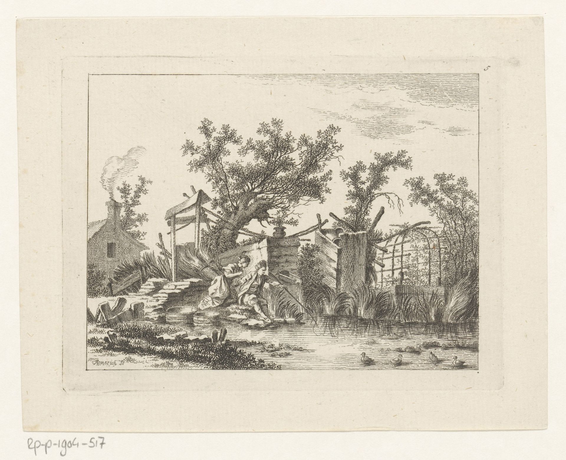 Landschap met een vissend stel aan de waterkant by Cornelius Heinrich Hemerich