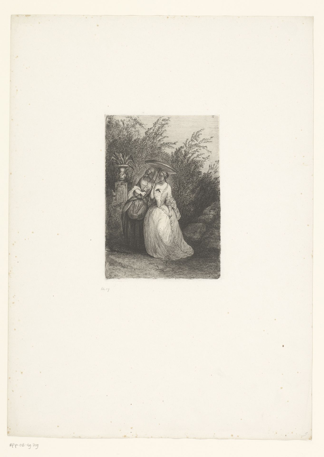 Twee vrouwen met parasol wandelen in een park by Polynice Auguste Viette