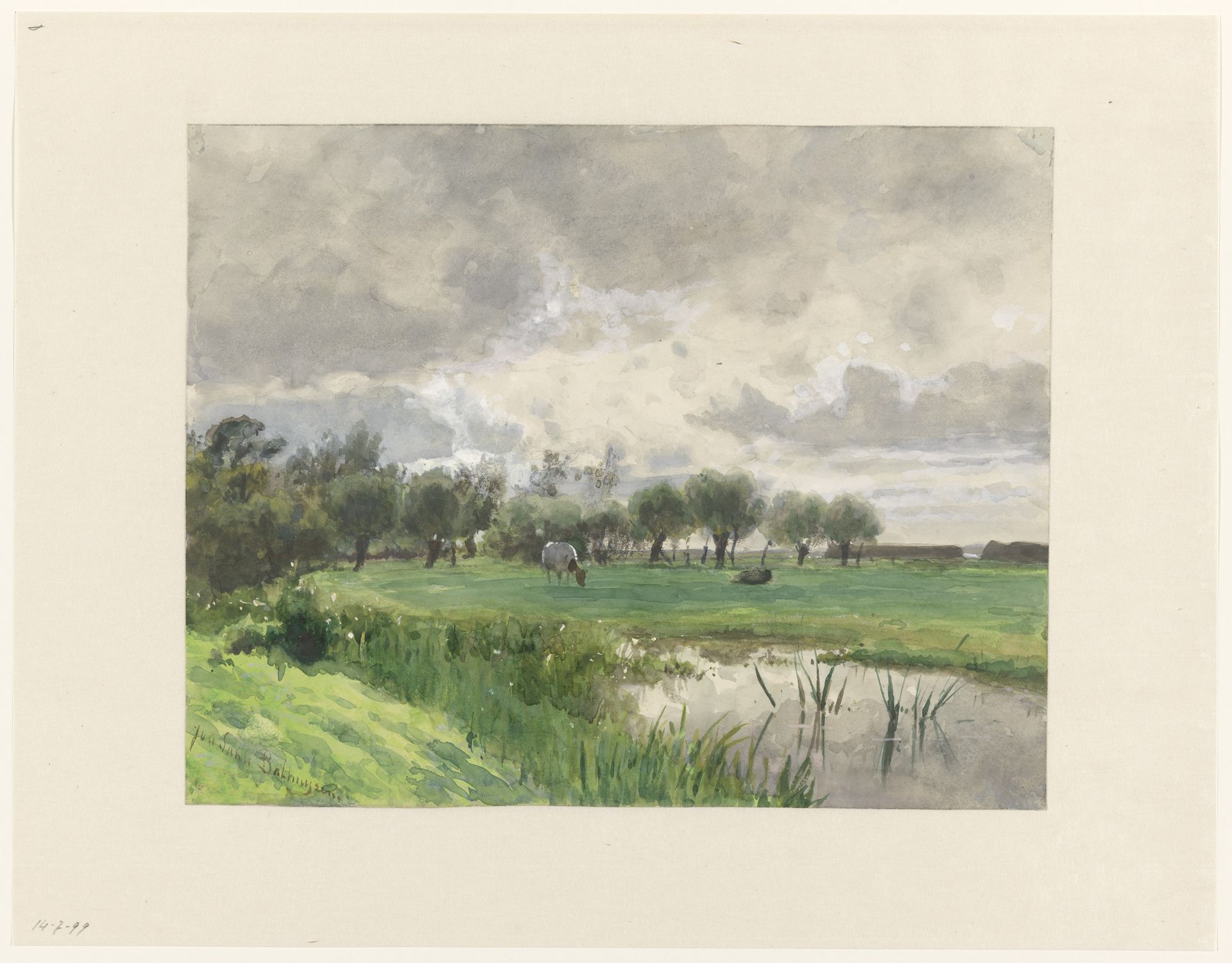 Koe grazend in een weide by Julius Jacobus van de Sande Bakhuyzen