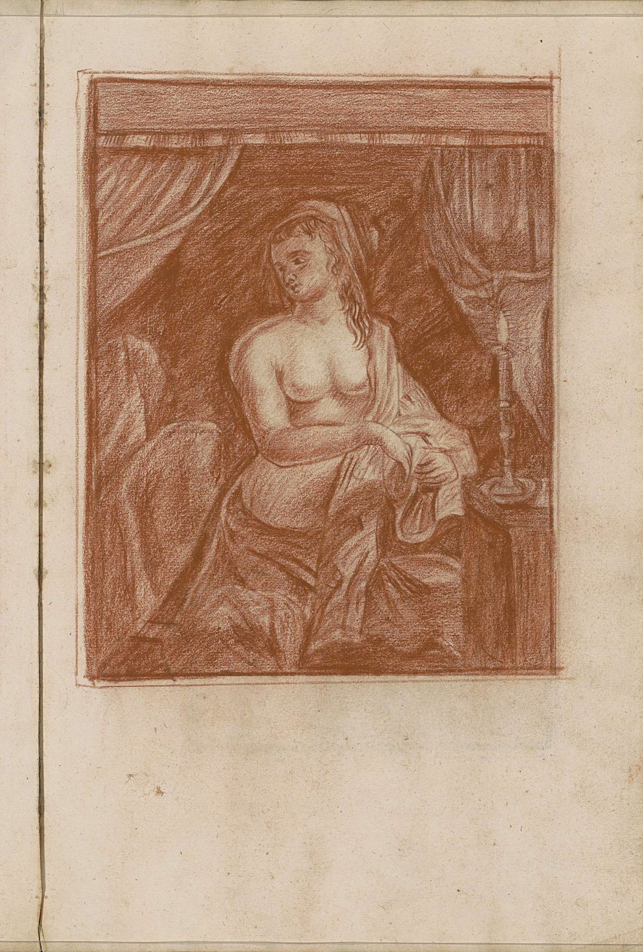 Naakte vrouw zittend op een hemelbed bij een kaars by Hendrick van Beaumont
