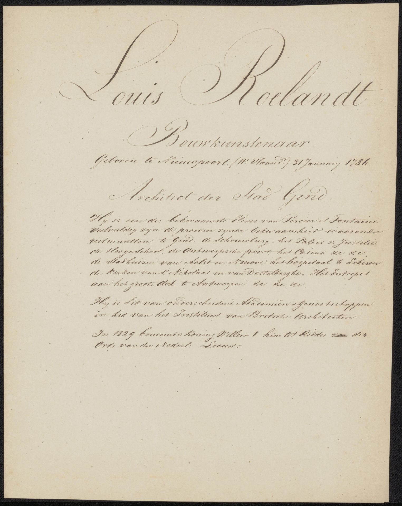 Handschrift betreffende Louis Roelandt by Anonymous