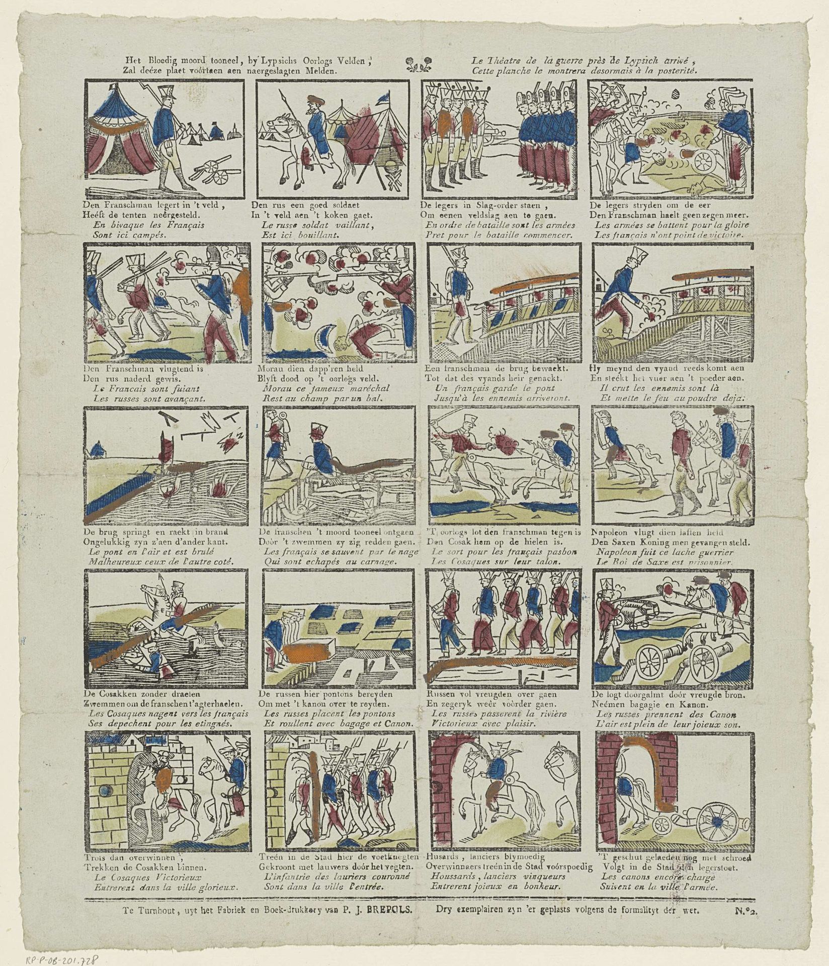 Het bloedig moord toneel, by Lypsichs oorlogs Velden, / Zal deéze plaet voórtaen aen naergeslagten melden / Le théatre de la guerre près de Lypsich arrivé, / Cette planche le montrera desormais à la posterité by Philippus Jacobus Brepols