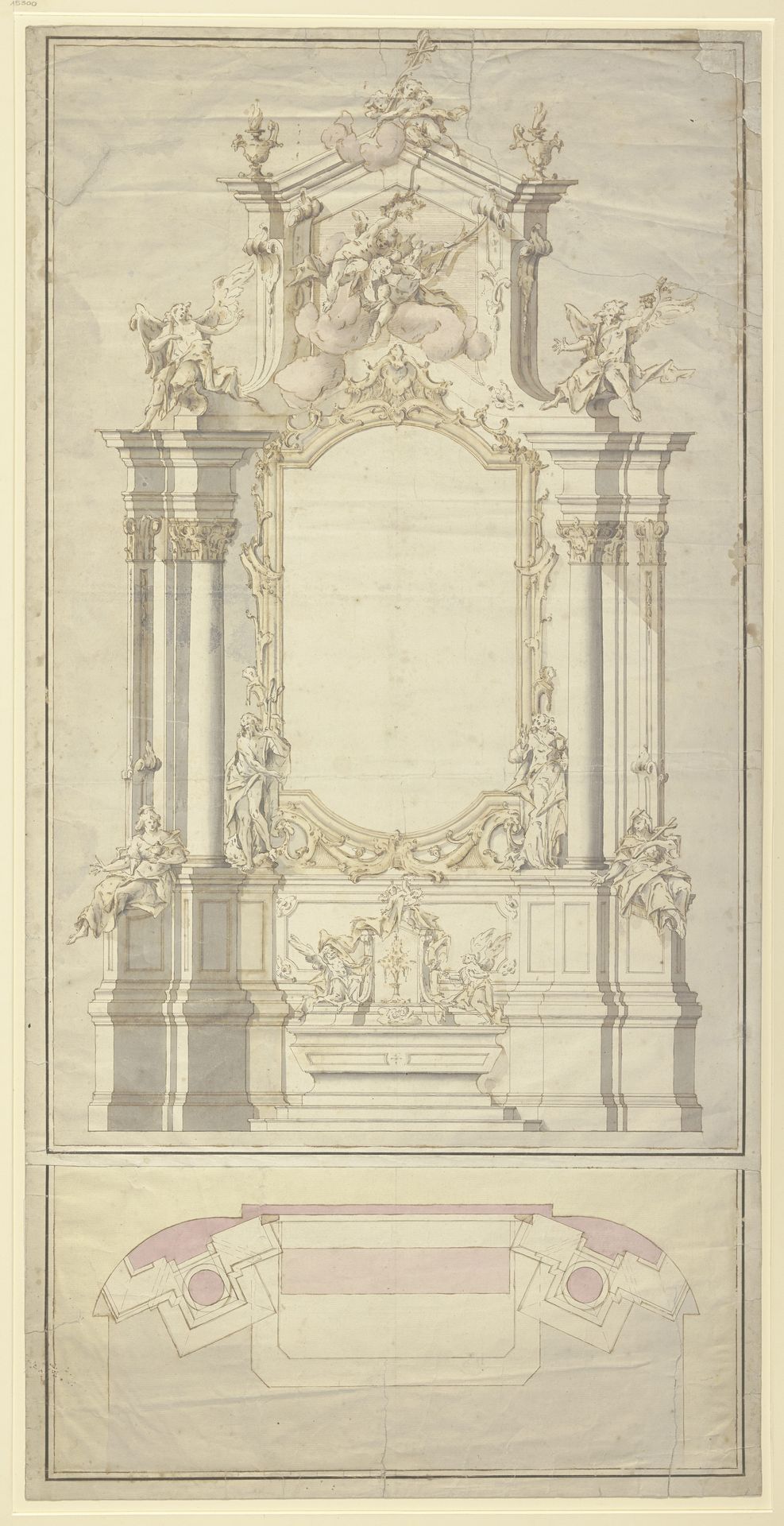 Altarentwurf_ Rechts und links von der Rahmung für das Altarblatt stehen die beiden Johannes, zu Füßen der Säulen rechts und links sitzt je eine allegorische weibliche Gestalt by Johann Baptist Straub