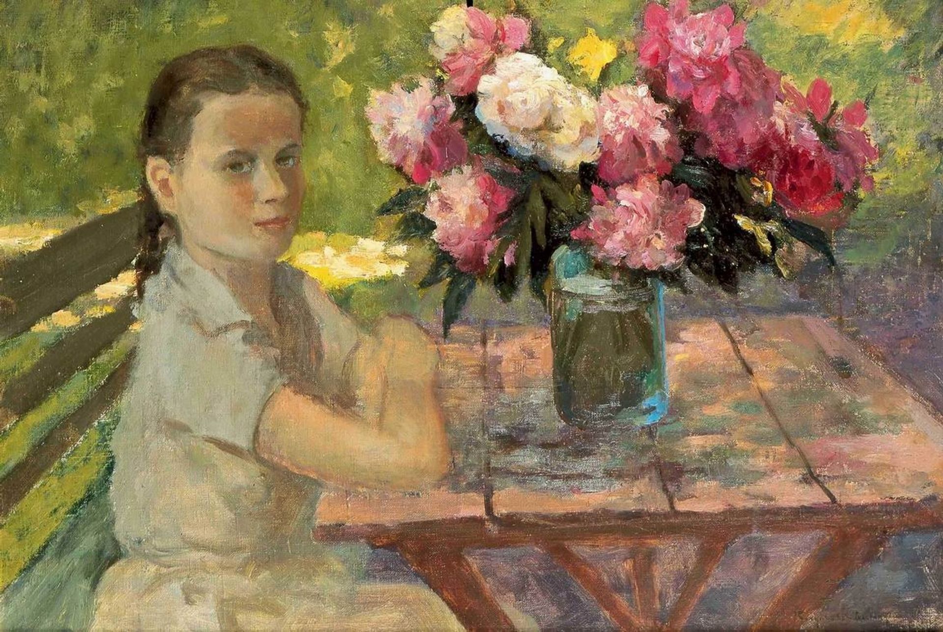 Girl with Peonies by Nikolay Bogdanov-Belsky