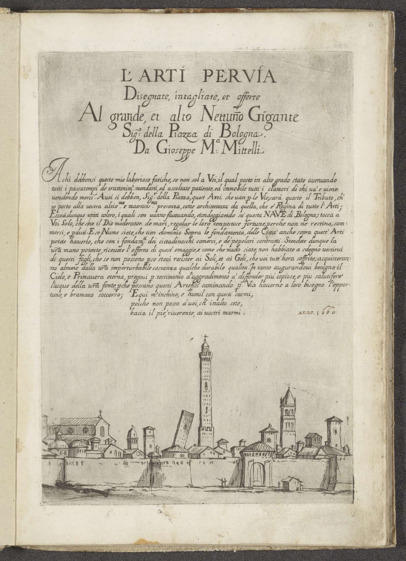 Titelprent met titel, tekst en gezicht op Bologna by Giuseppe Maria Mitelli
