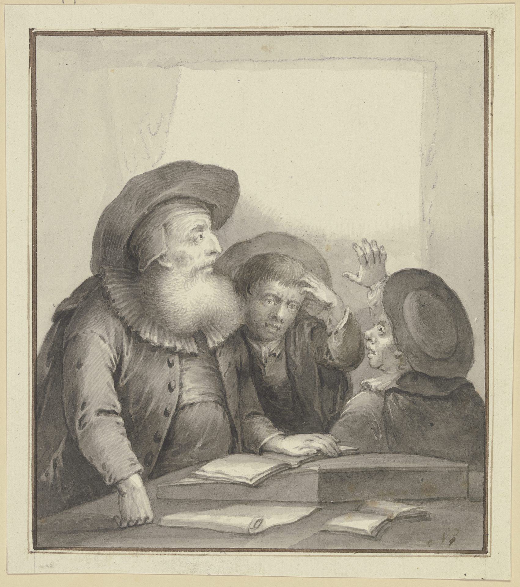 Rabbiner mit zwei Schülern an einem Tisch by Johann Andreas Benjamin Nothnagel