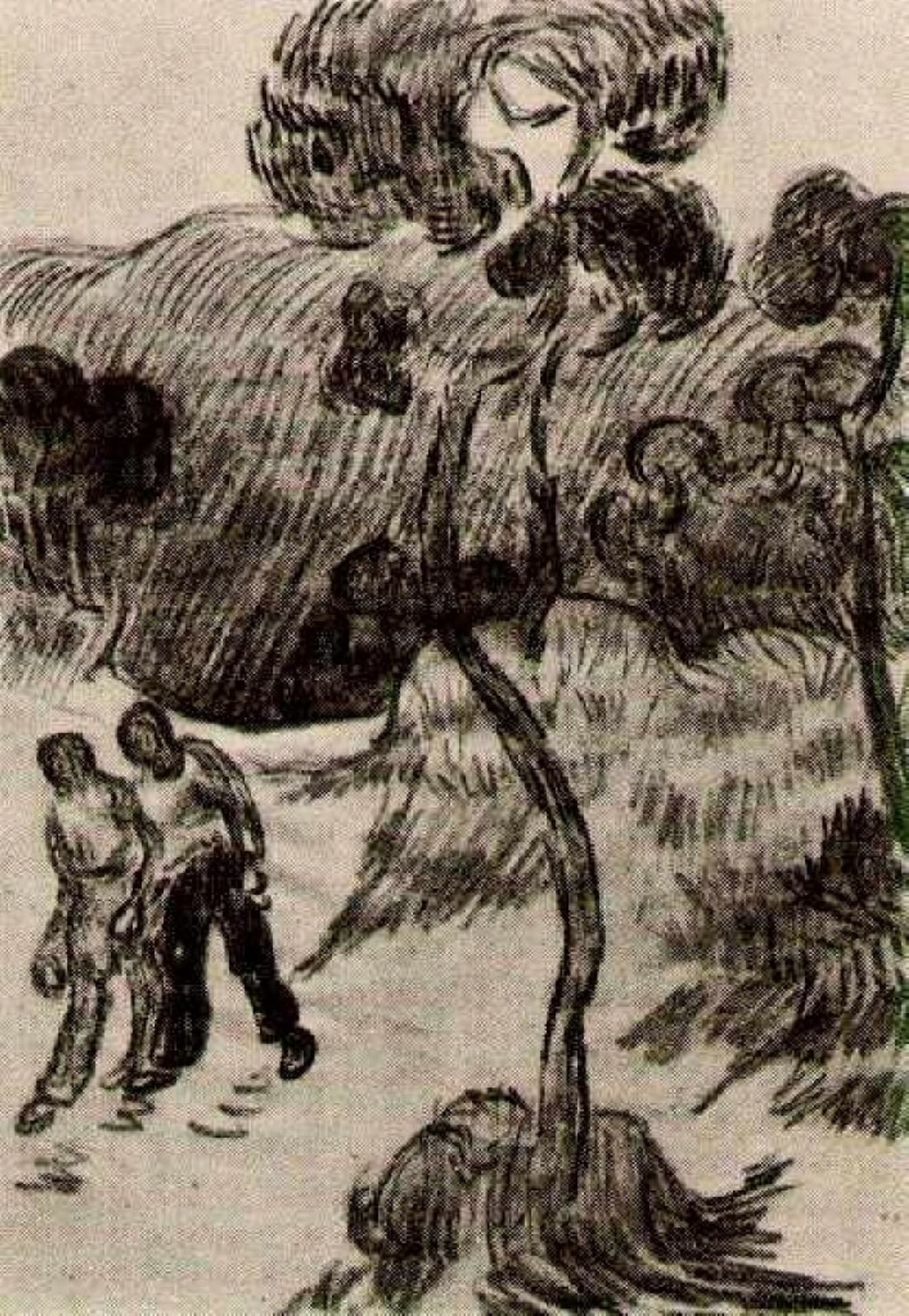 Two Men Walking in a Landscape with Trees by Vincent van Gogh