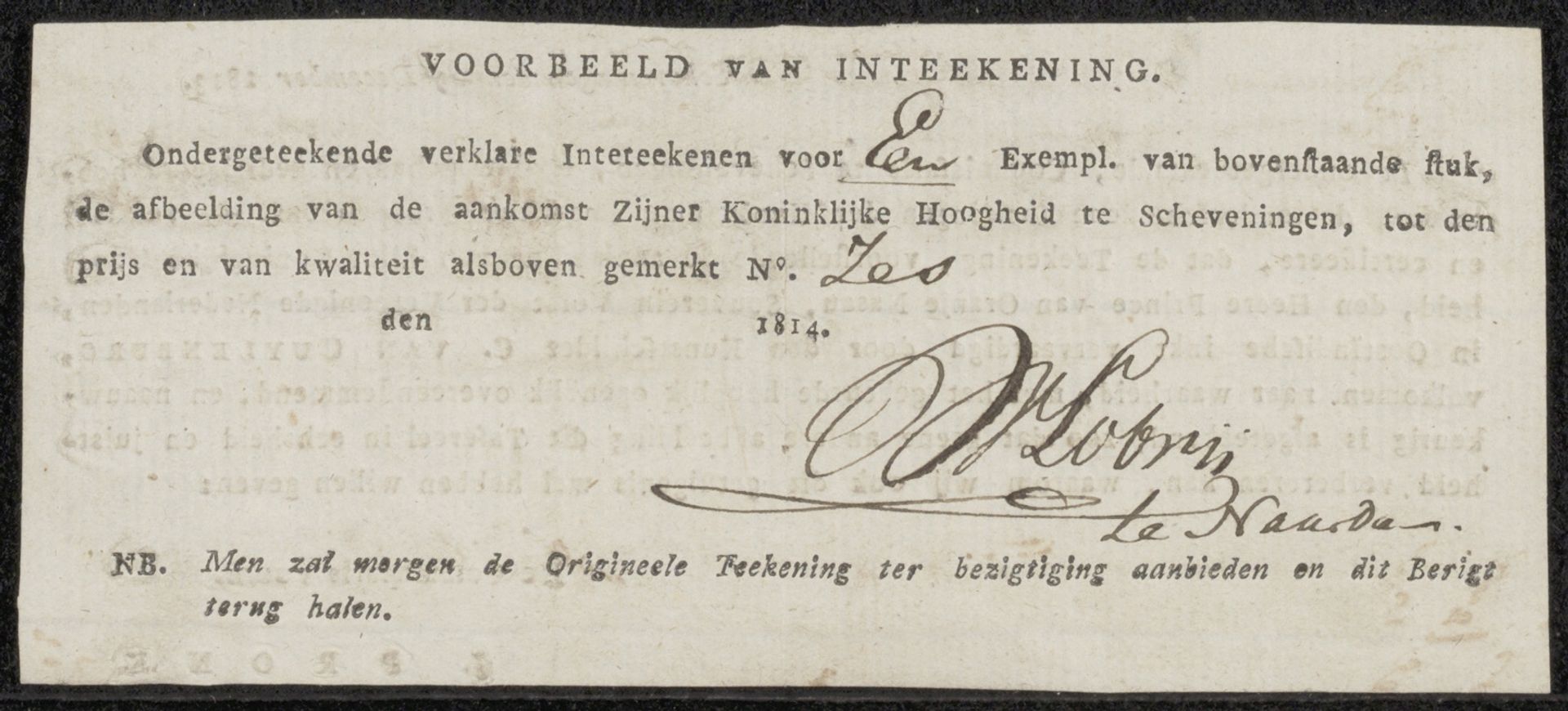 Intekenbiljet voor een prent naar een tekening van Cornelis van Cuylenburg (II) by W. Lobrij