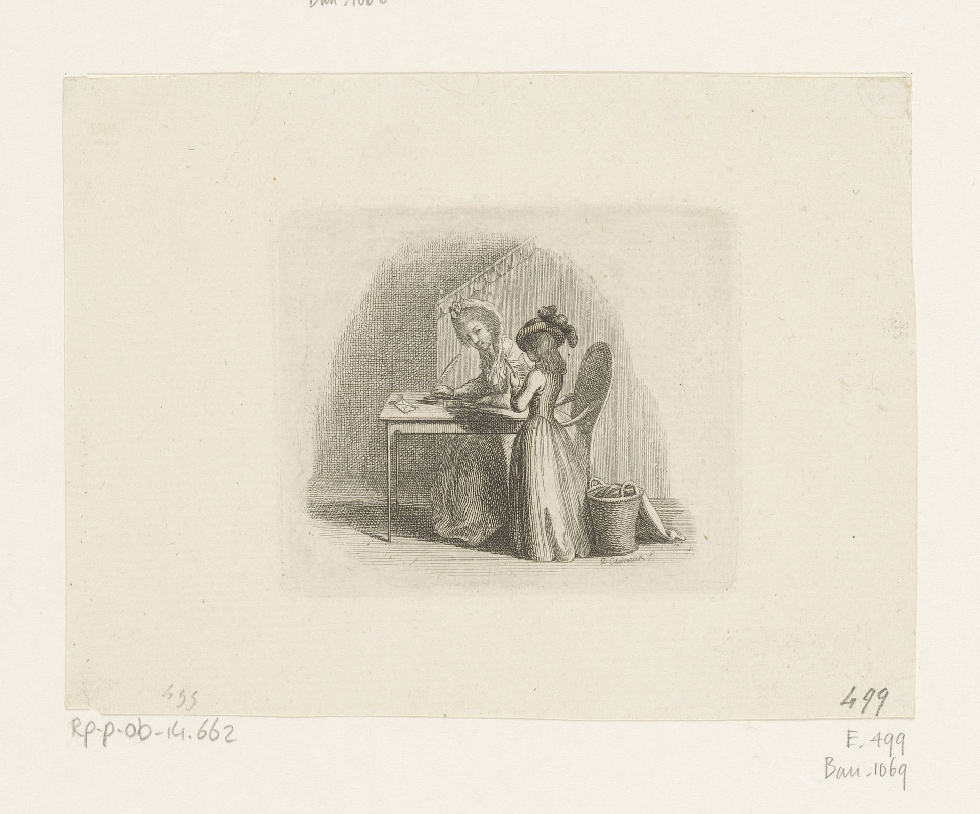 Schrijvende vrouw aan tafel met naast haar een voorlezend meisje by Daniel Nikolaus Chodowiecki