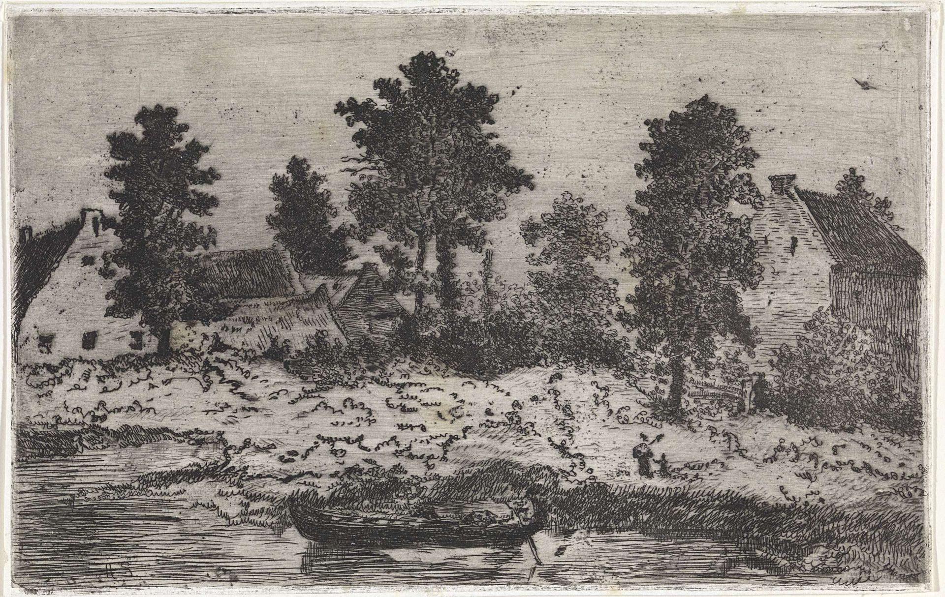 Huizen aan de river by Alexander Schaepkens