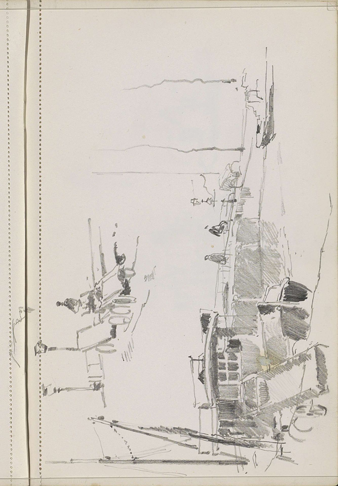 Aangemeerde boot aan een kade bij een brug by Cornelis Vreedenburgh