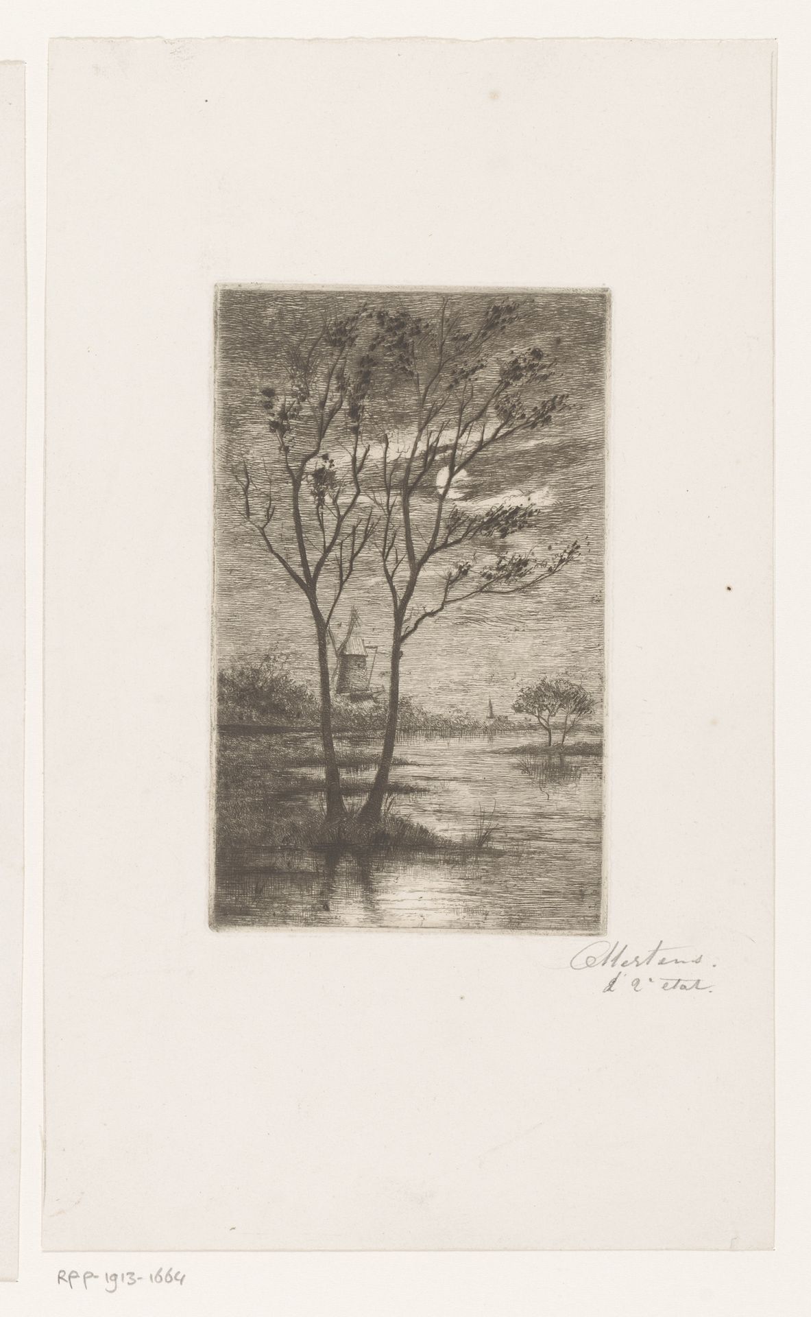 Rivierlandschap met molen en kerk bij maanlicht by Charles Mertens
