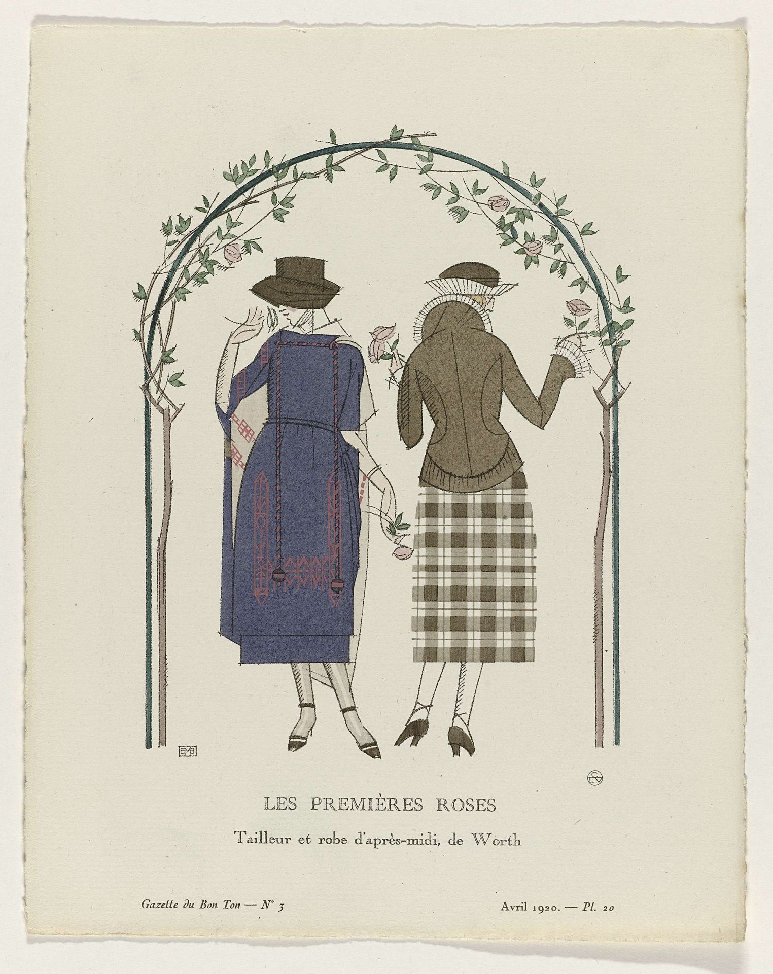 Gazette du Bon Ton, 1920 - No. 3, Pl. 19: Les premières roses / Tailleur et robe d'après-midi, de Worth by Bernard Boutet de Monvel