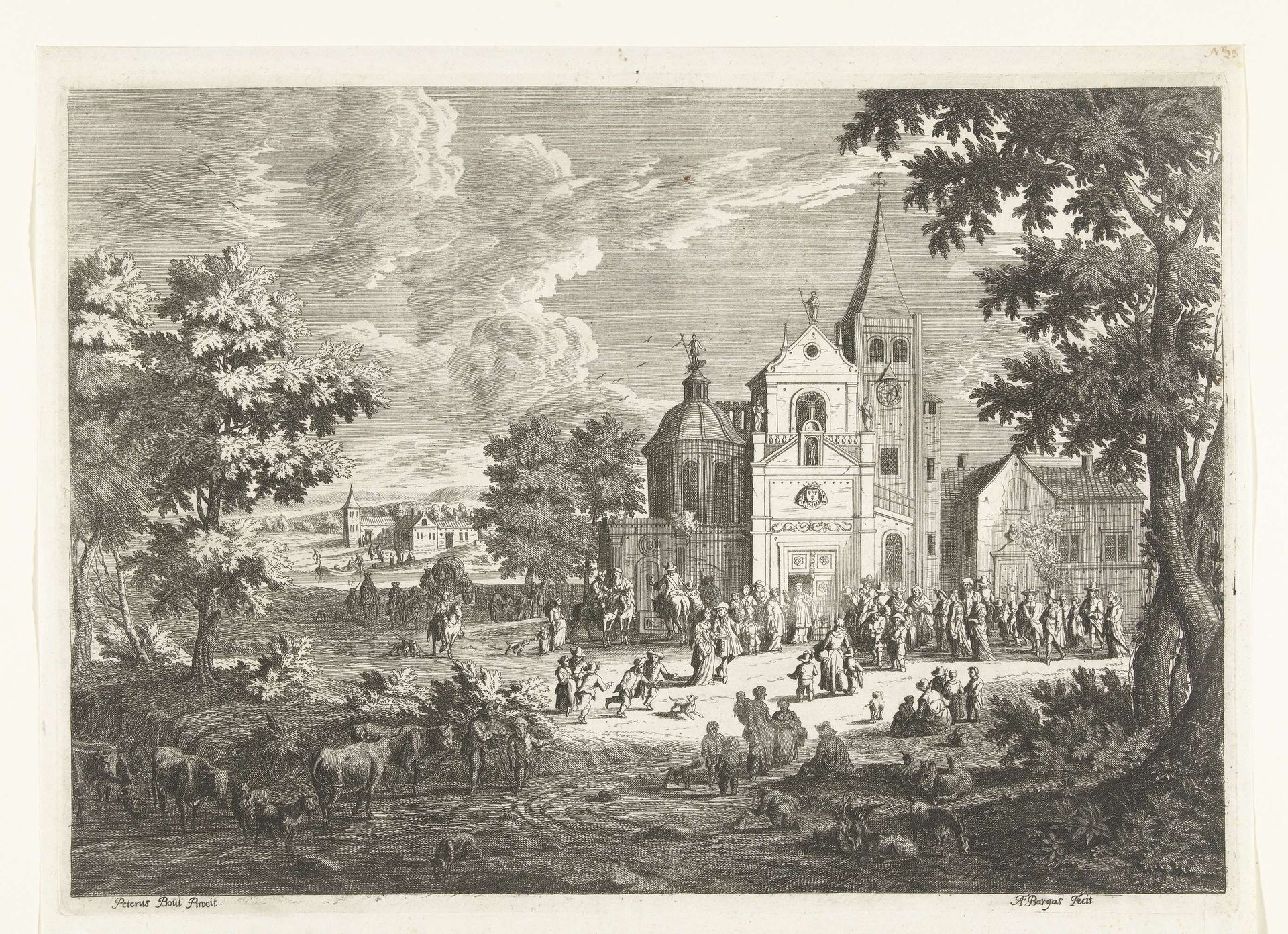Dorpsgezicht met kerk waar geestelijke wacht op bruidspaar by Franciscus de Bargas
