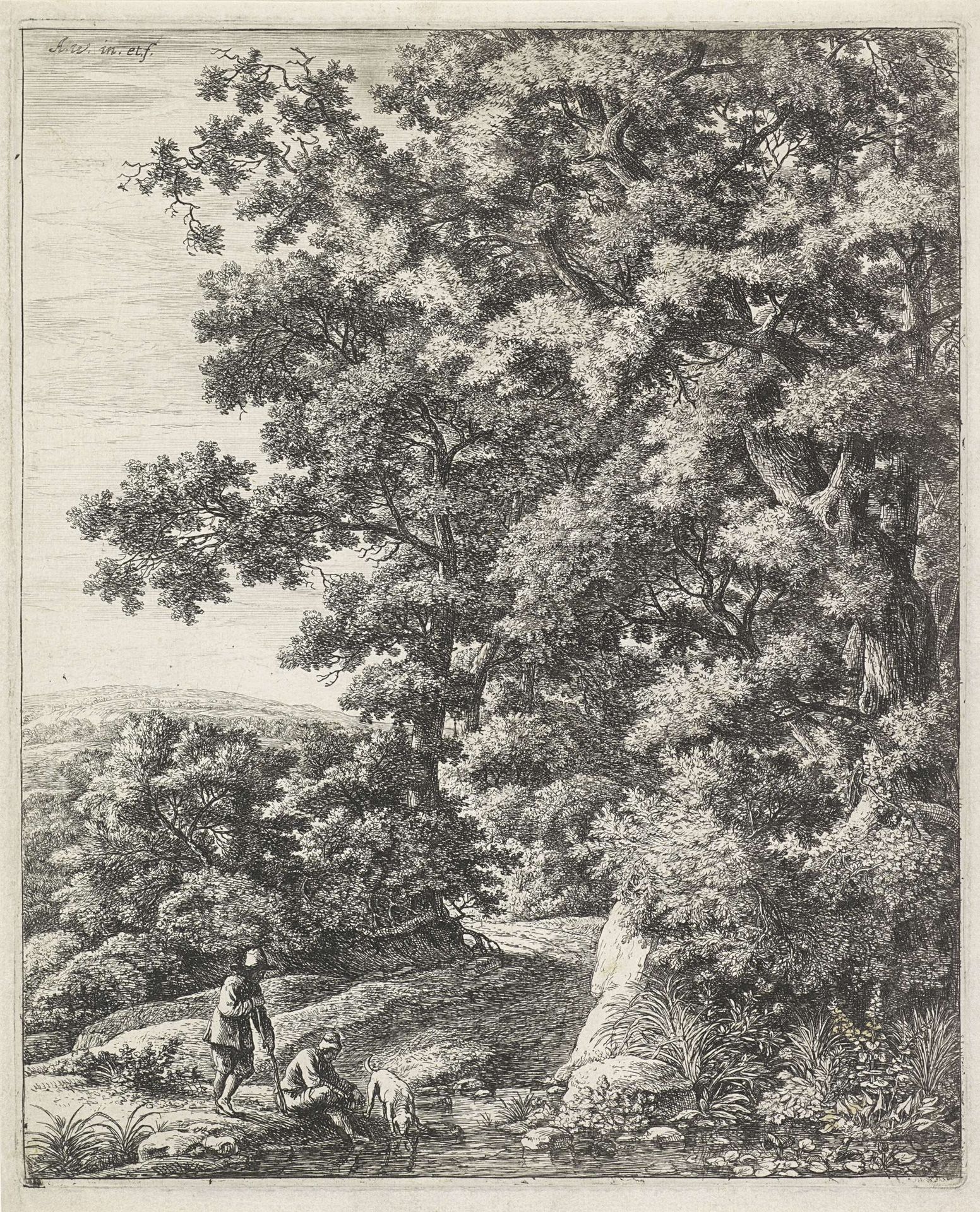 Twee figuren en een hond bij een beek by Anthonie Waterloo