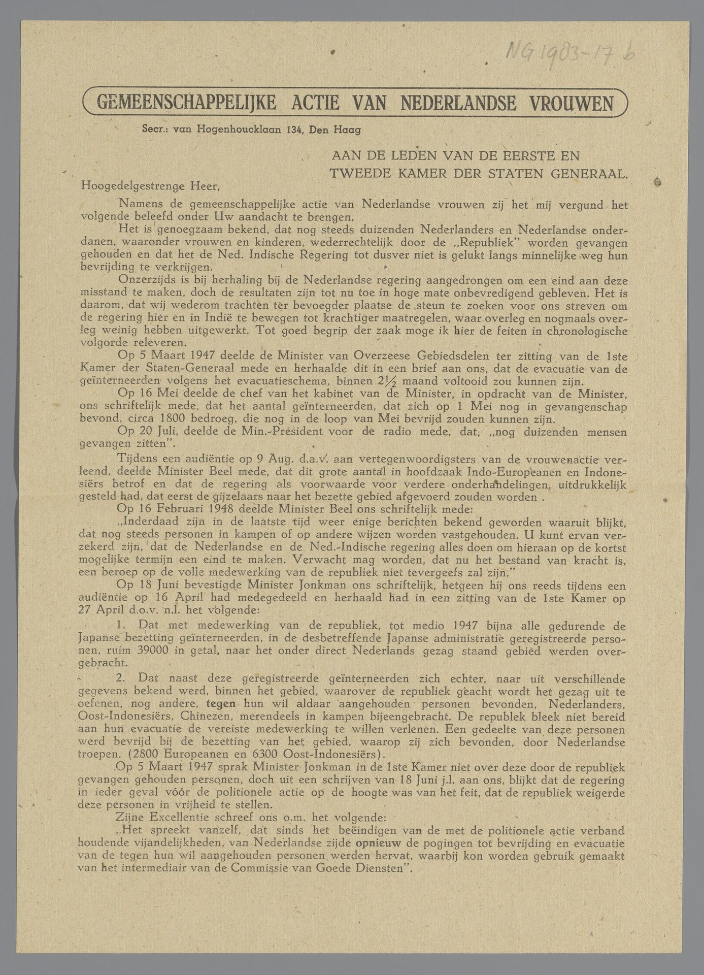 Brief aan de leden van de Staten Generaal by Gemeenschappelijke Actie van Nederlandse Vrouwen