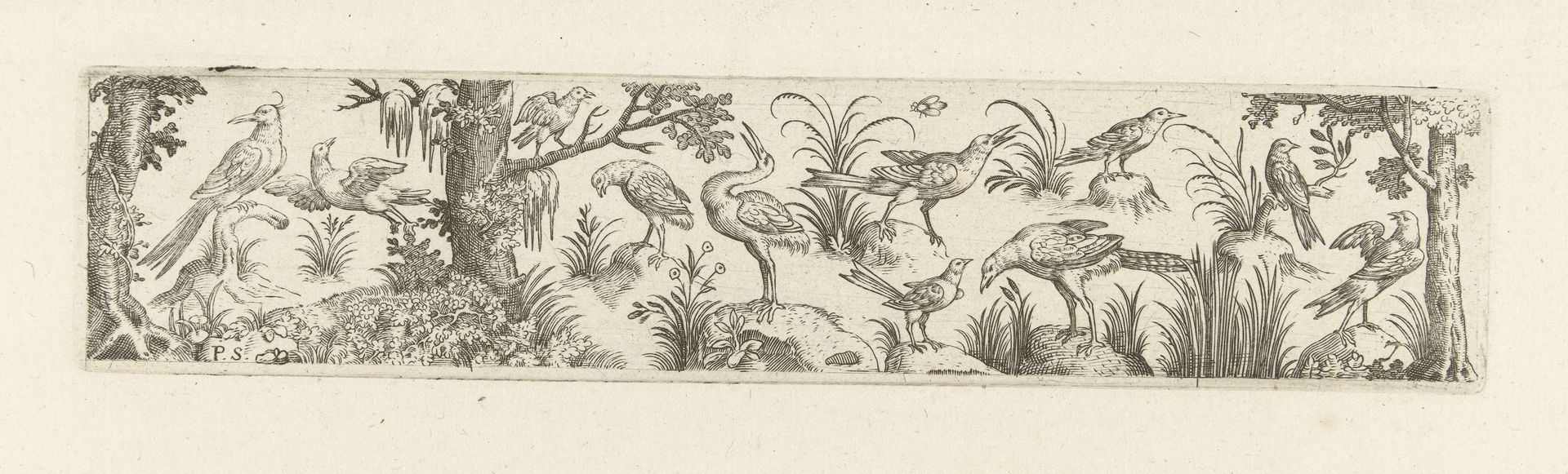 Fries met elf vogels, aan beide uiteinden staat een boom by Pieter Serwouters