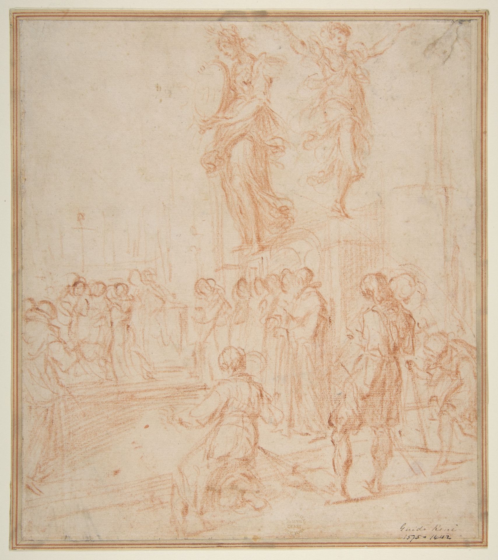 Figure Studies:  Woman holding a Shield, a Dancing Female, and a Priest Supported at an Altar before a Group of Onlookers by Bernardino Poccetti