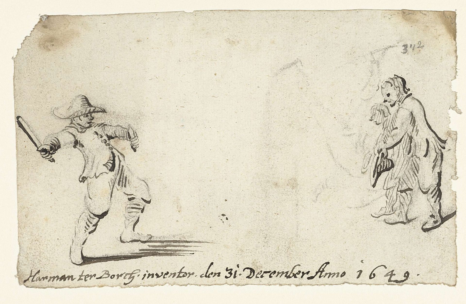 Drie jongens spelen het spel tiepelen by Harmen ter Borch
