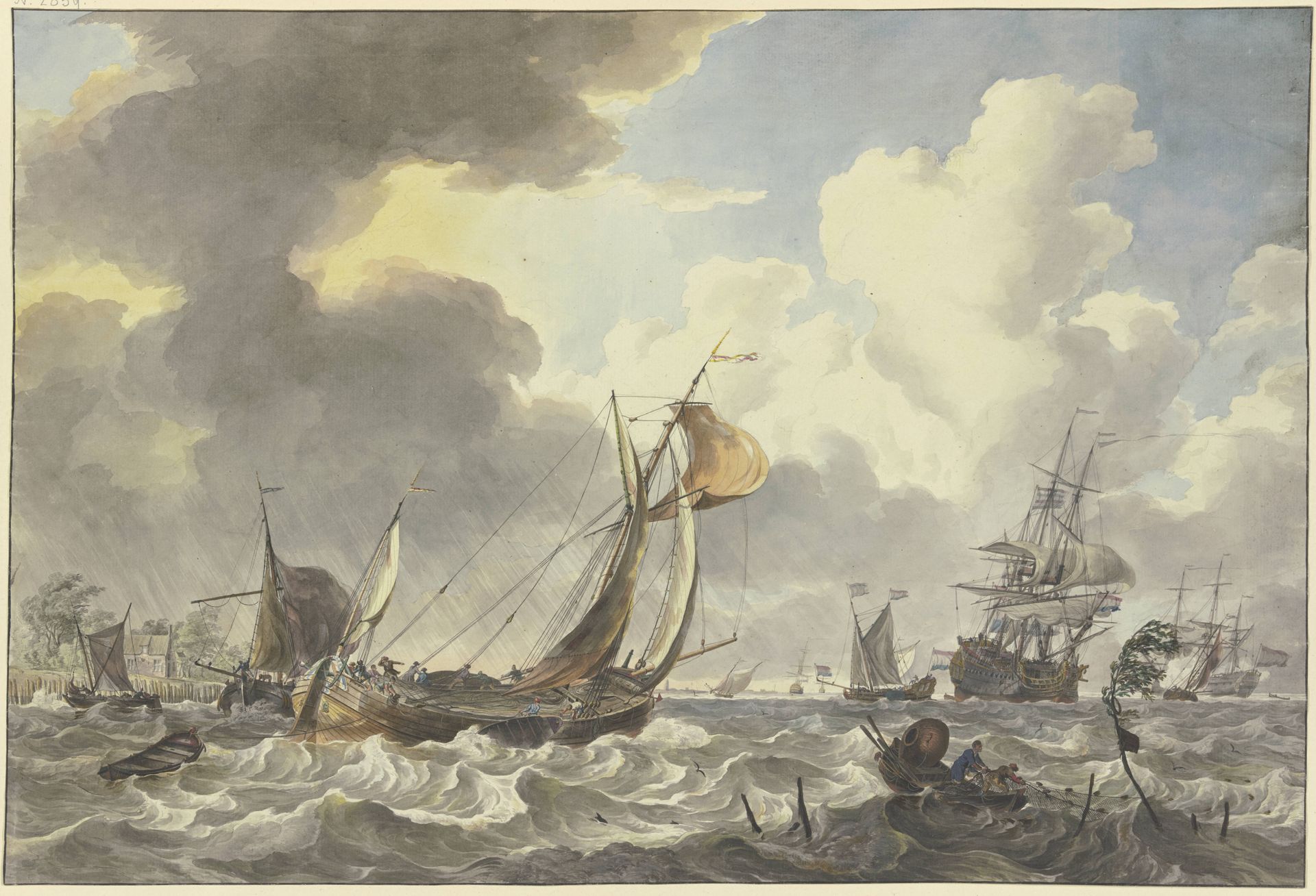 An Antwerp Pleit and Other Ships between Noord-Beveland and Wolphardsdijk by Hendrik Kobell