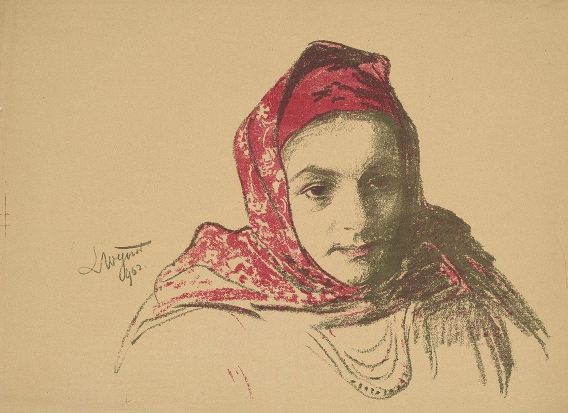 Head of a girl from Cracow in a red scarf by Leon Wyczółkowski