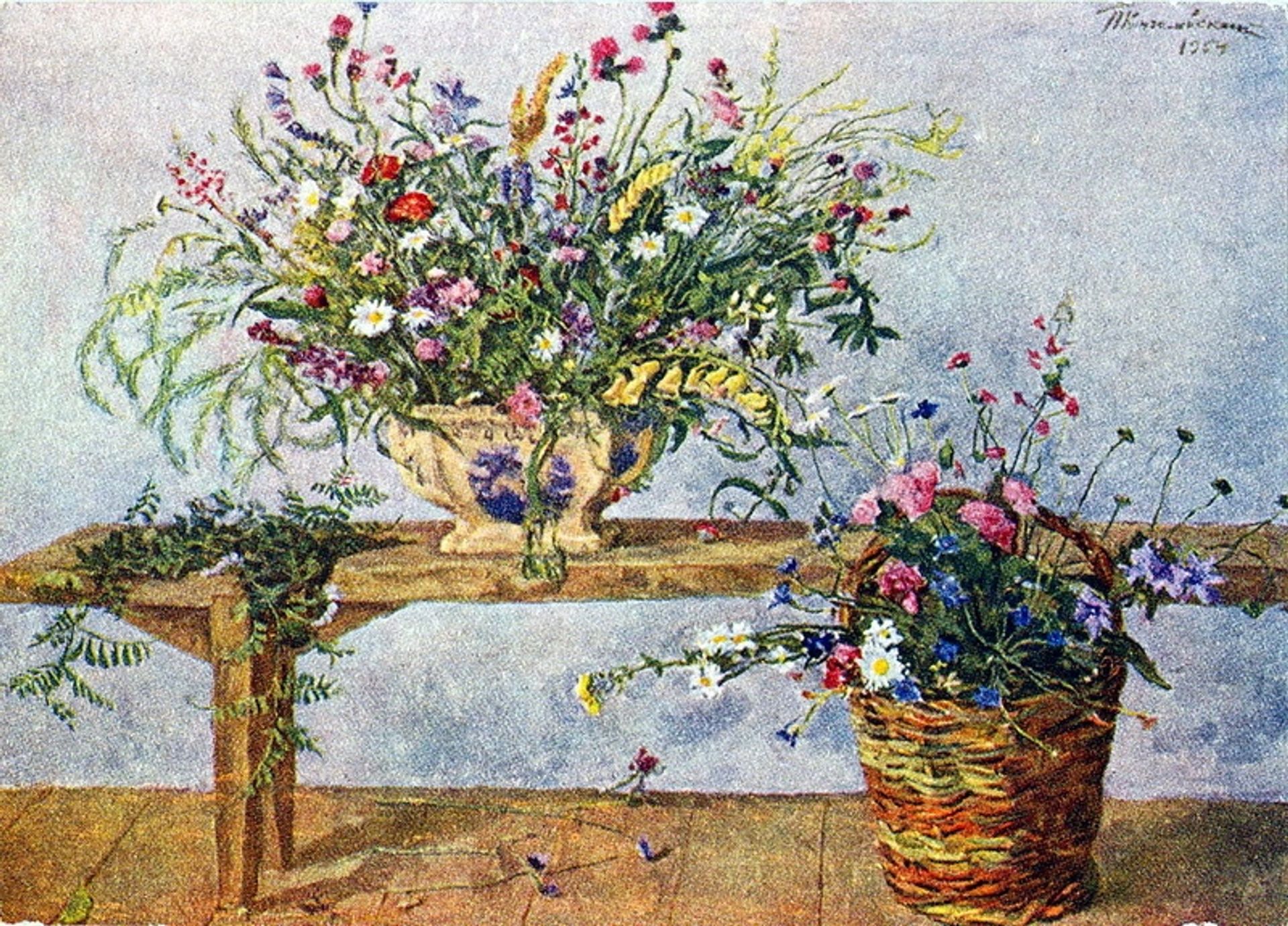 Still Life. Flowers on the bench. by Pyotr Konchalovsky