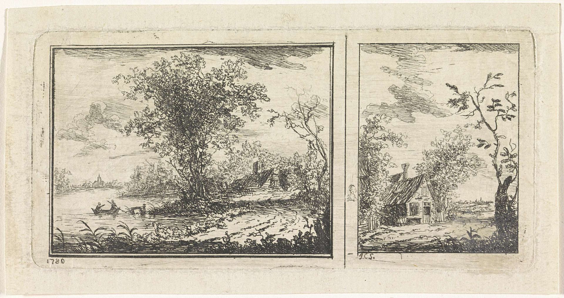 Rivierlandschap en woning in landschap by Monogrammist JCS (graveur)