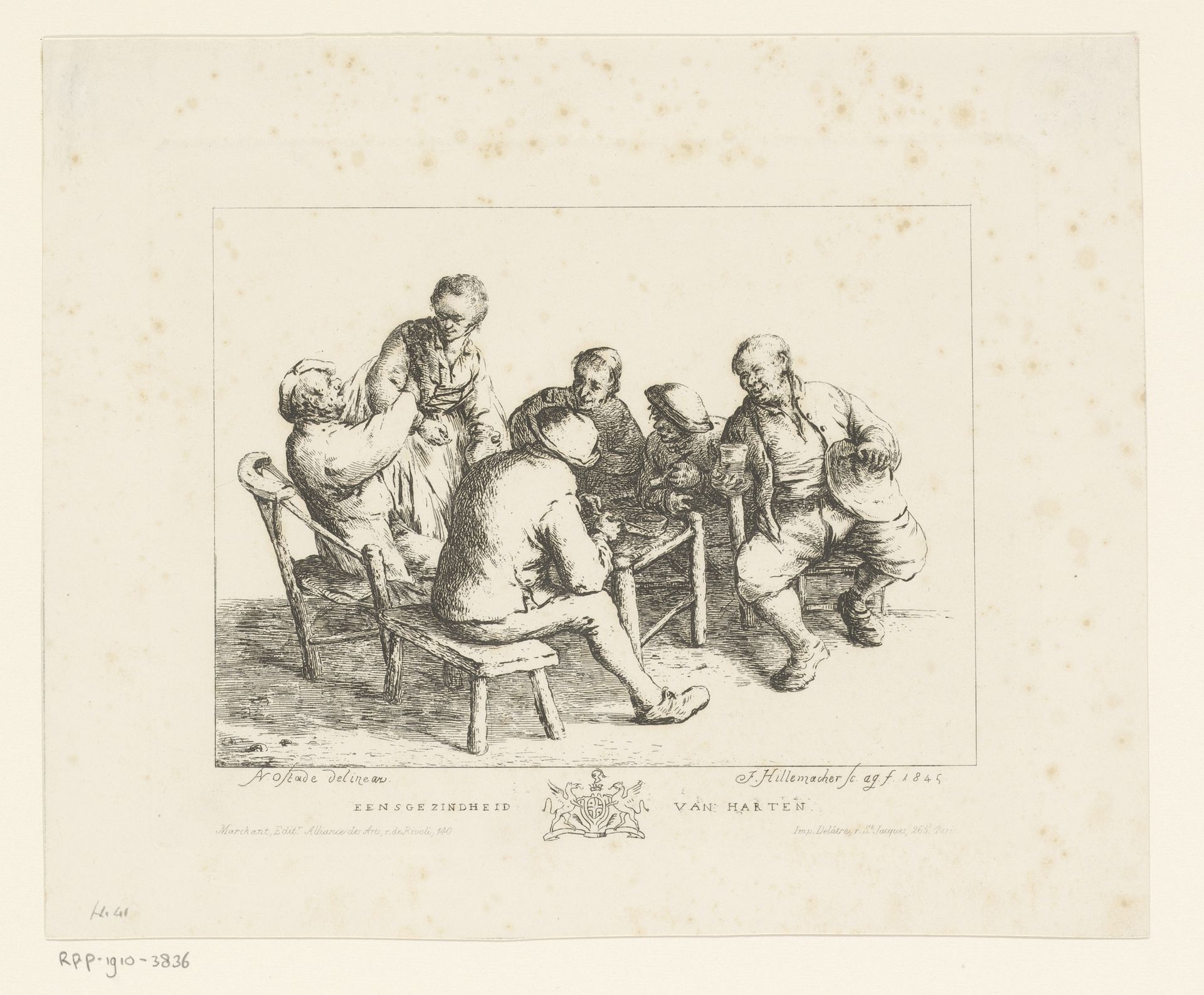 Drinkende boeren rondom een tafel by Frédéric-Désiré Hillemacher