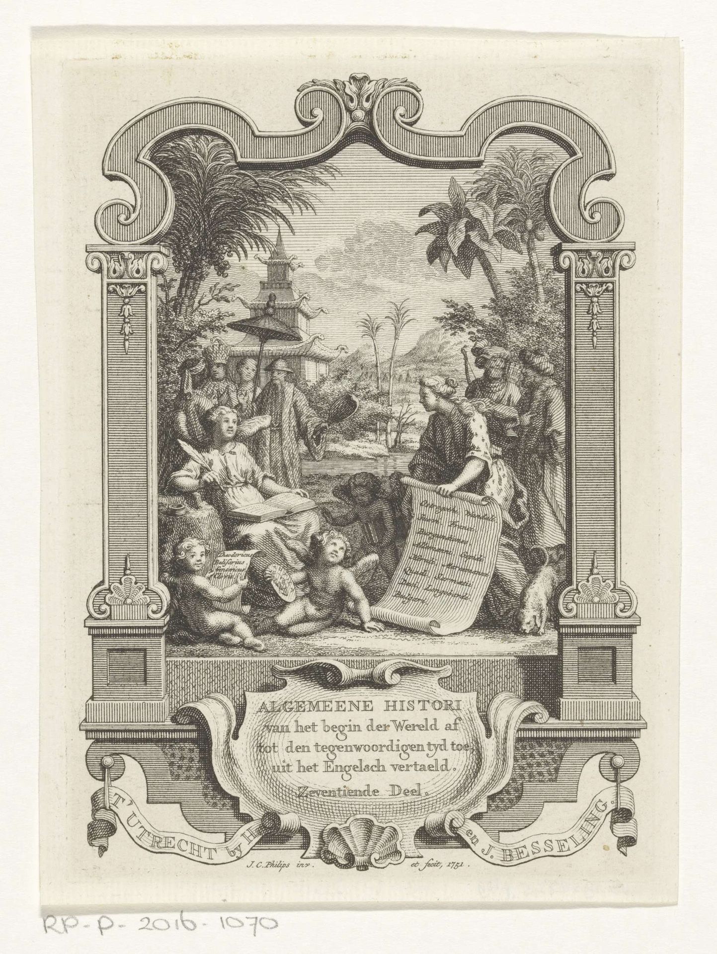 Cartouche met allegorische voorstelling met Geschiedenis by Jan Caspar Philips