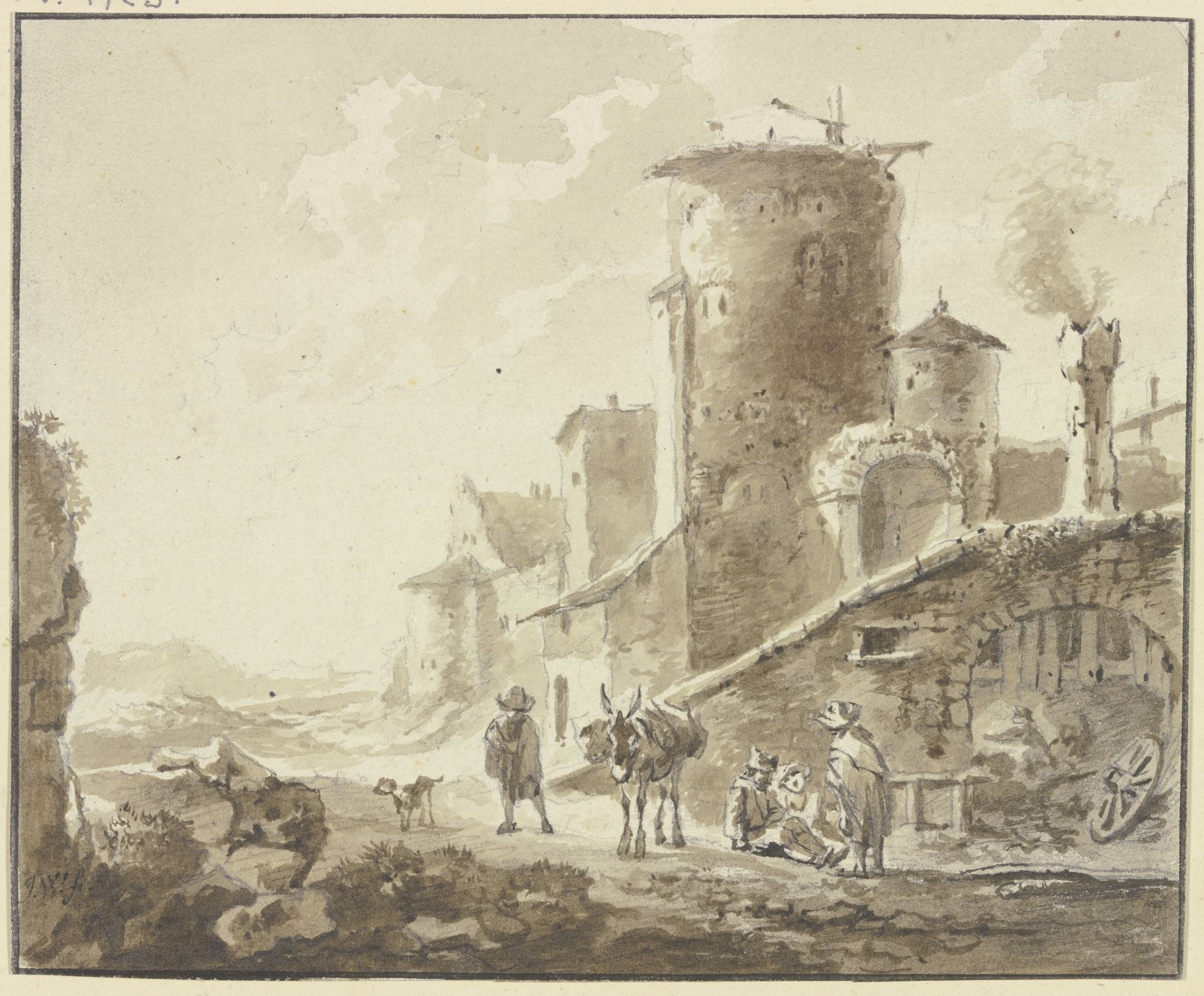 Häusergruppe mit rundem Turm und Torbogen, davor Rastende und ein Maultier by Johann Georg Wagner
