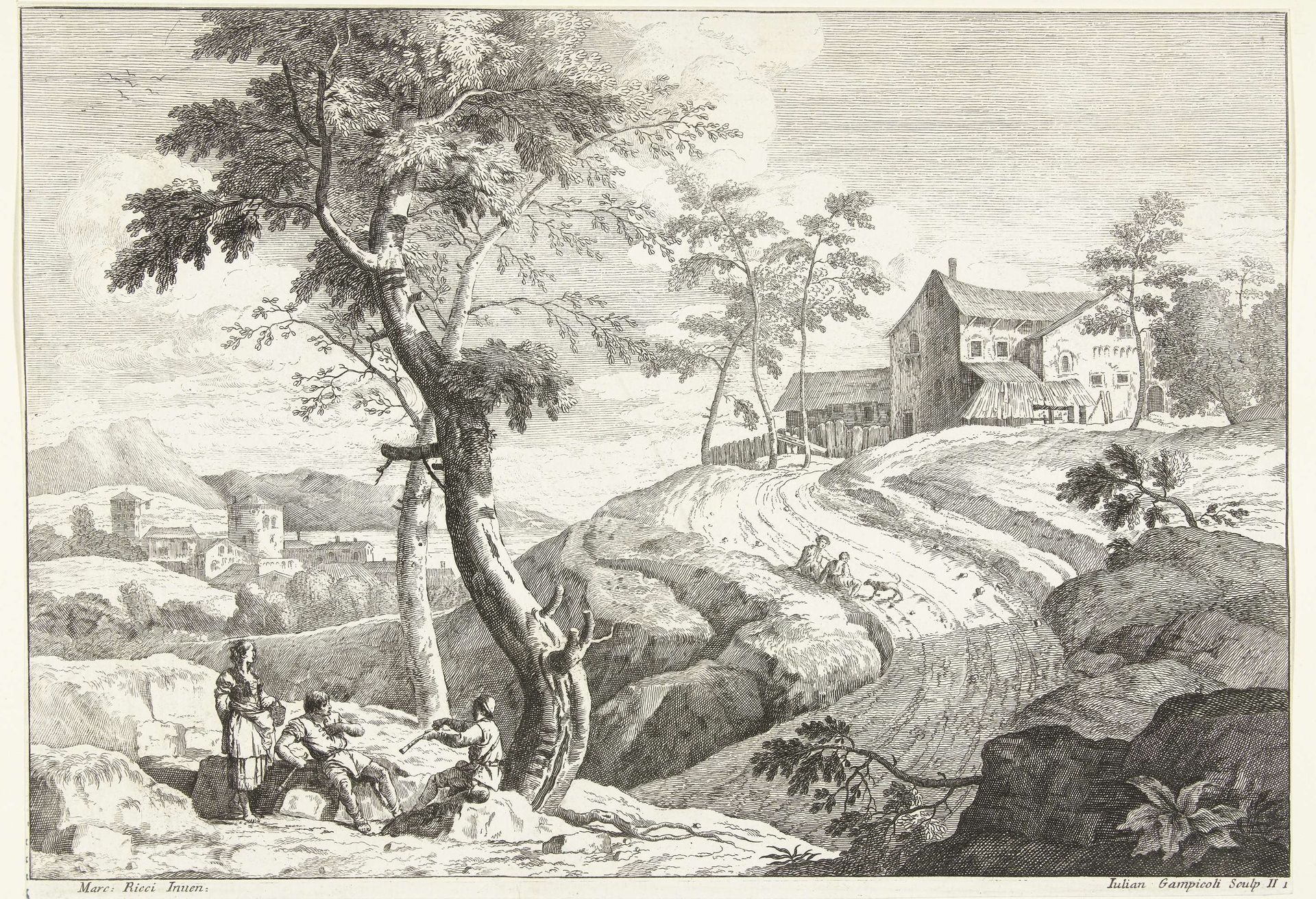 Landschap met fluitspelers bij boom by Giuliano Giampiccoli
