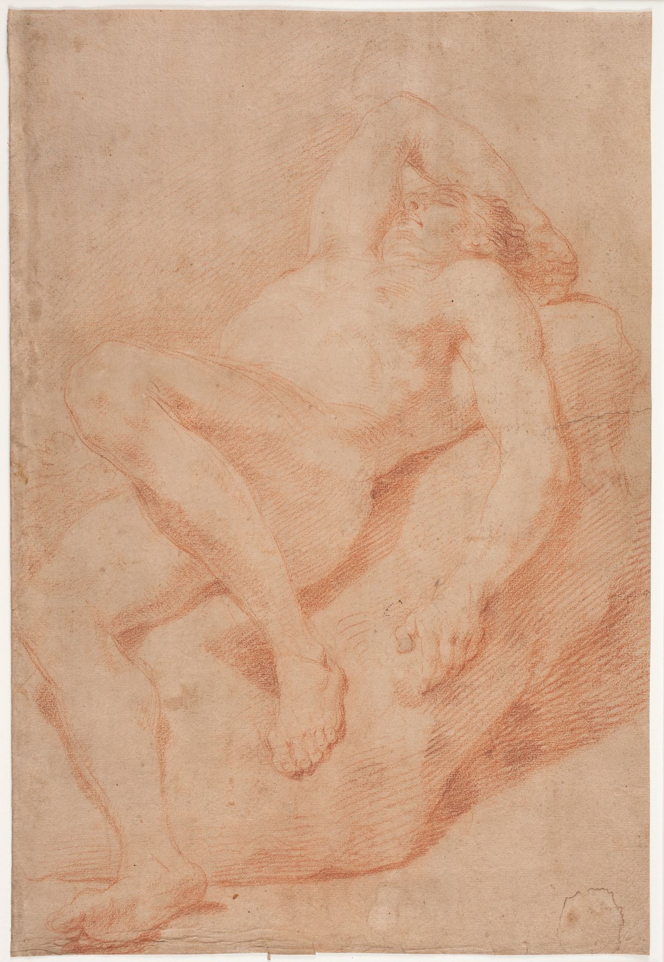 Mandlig modelstudie, halvtliggende by Hendrik Krock