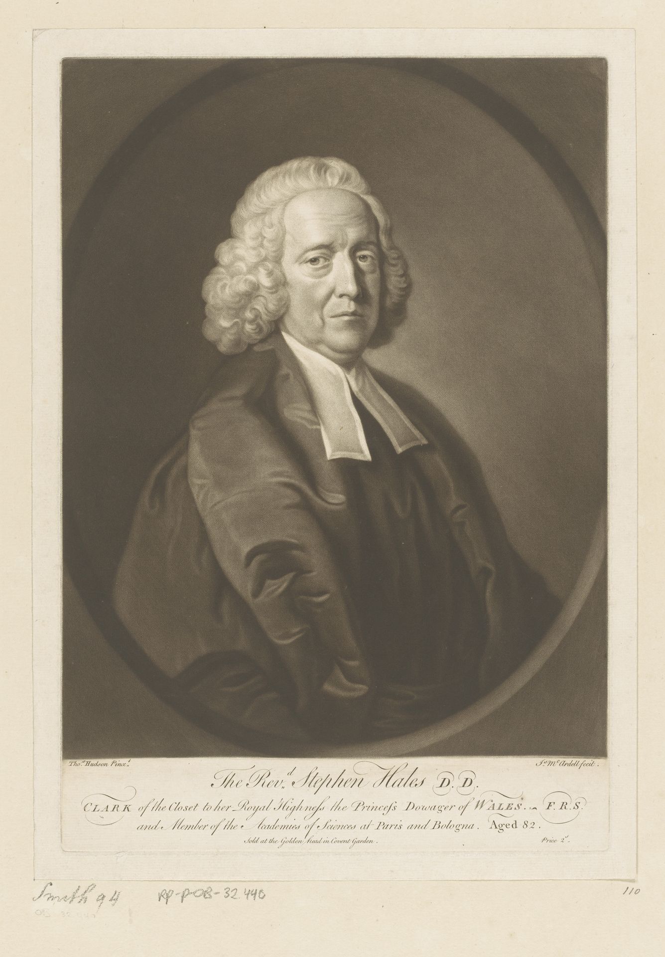 Portret van Stephen Hales by James McArdell