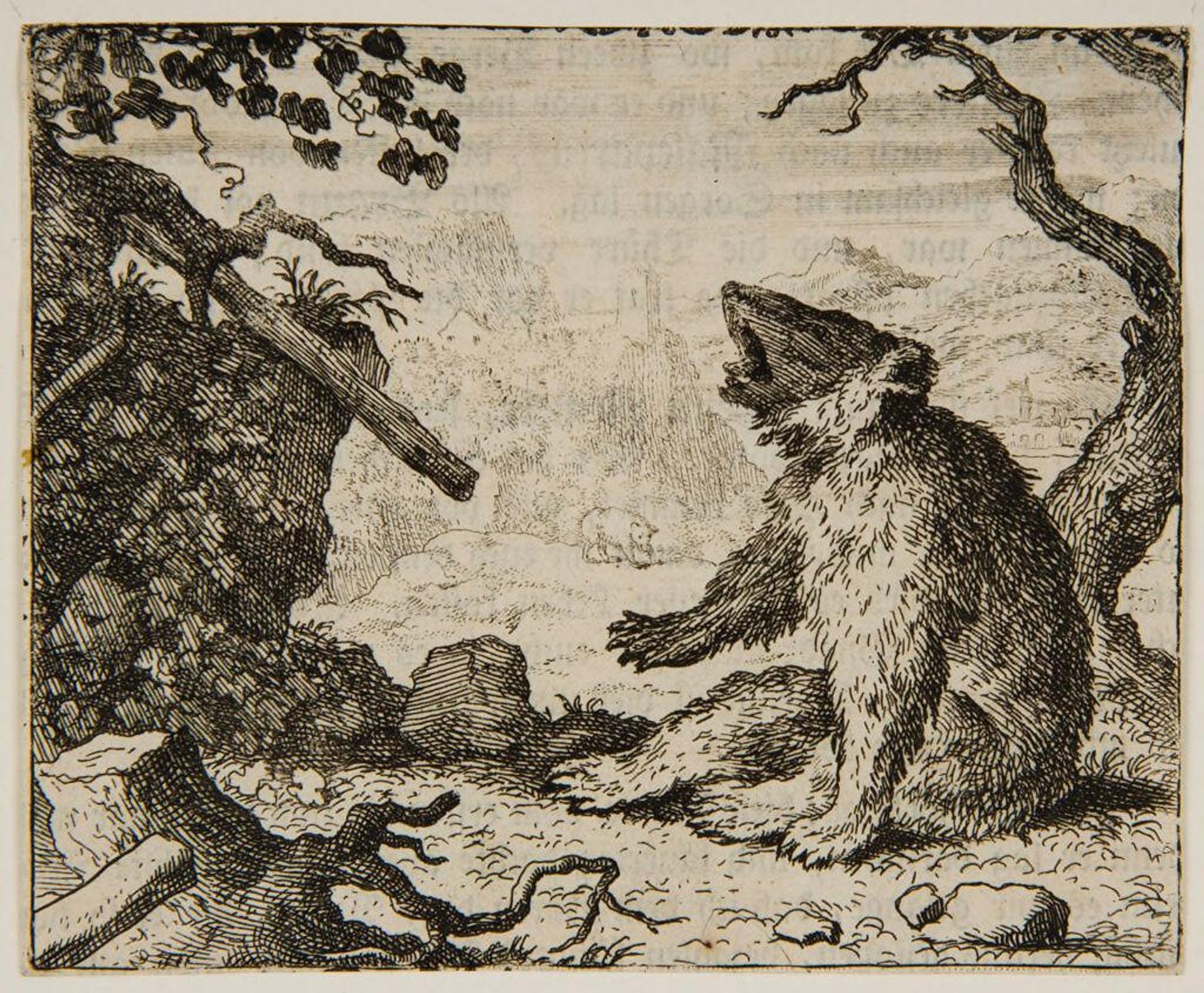 Bear cries out, Reynard hidden in bushes by Allart van Everdingen