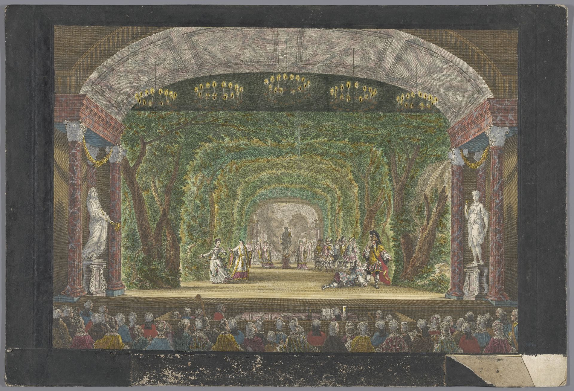Gezicht op het podium van de Schouwburg te Amsterdam met een voorstelling voor Willem V en Wilhelmina van Pruisen op 1 juni 1768 by Anonymous